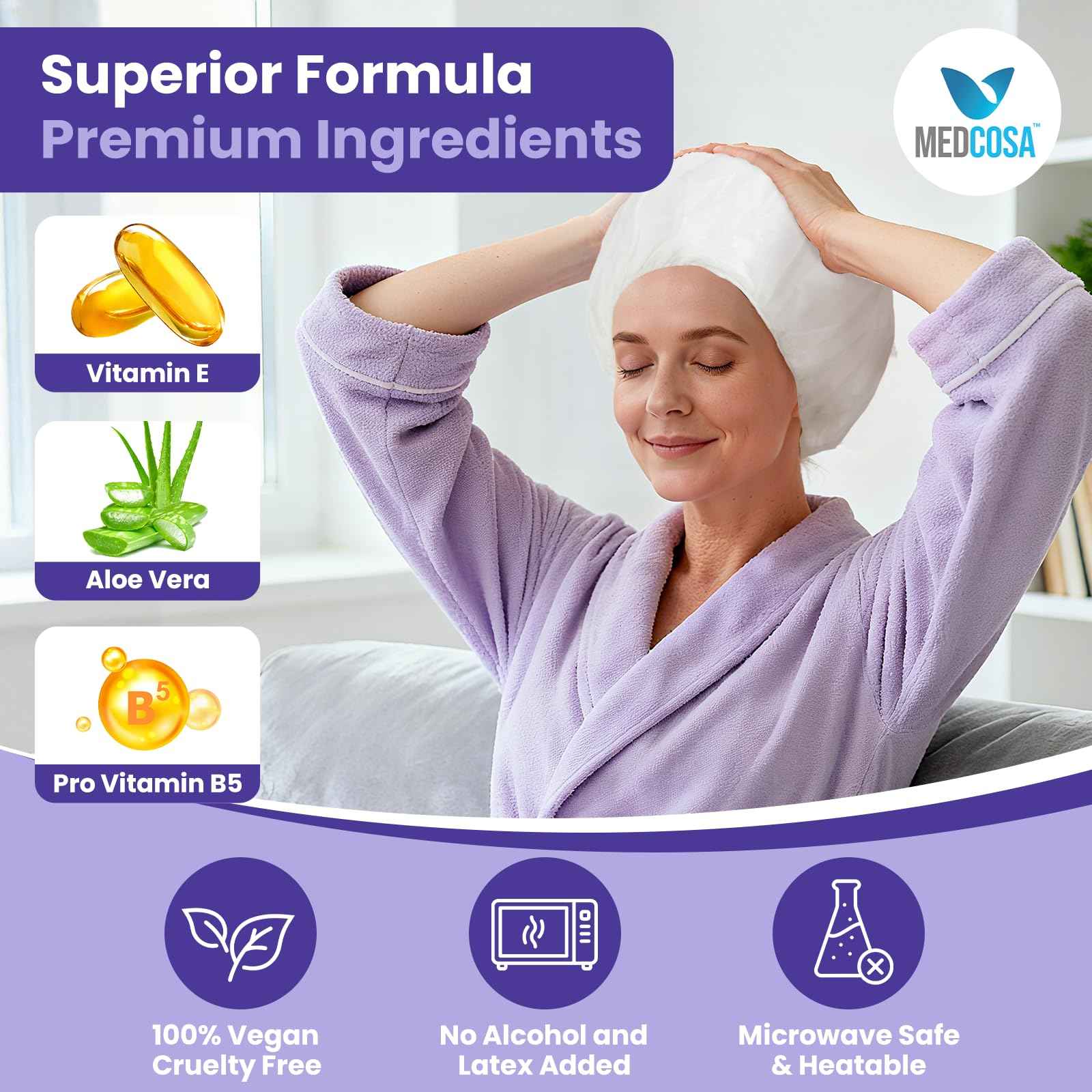 Medcosa Shampoo Caps No Rinse - Shampoo Caps for Bedridden Patients - Hassle-Free Hair Washing Cap for Elderly - Aloe, Vitamin E, Chamomile - 5-Pack