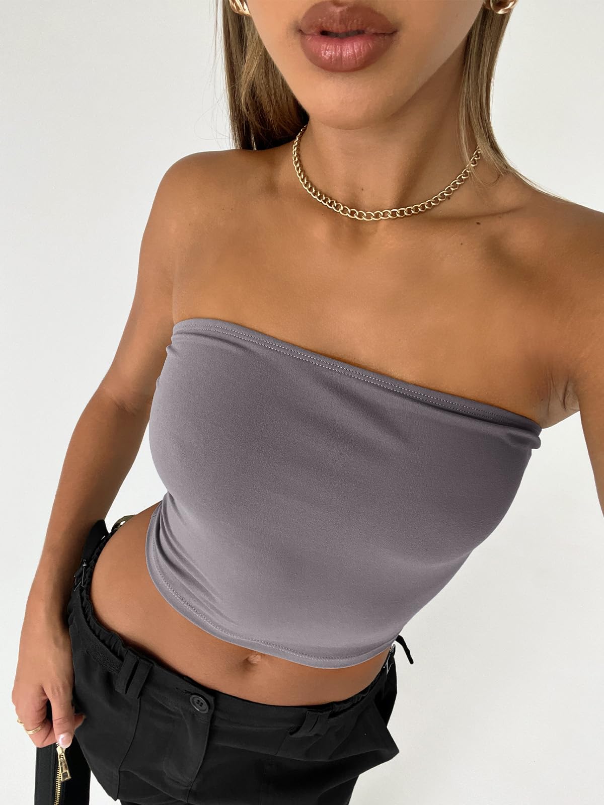 Trendy Queen Crop Tops for Women Bandeau Strapless Summer Vacation Outfits 2024 Sexy Tube Going Out Tops Basic Backless Cute Sleeveless Slim Fit Teen Girls Clothes Gray