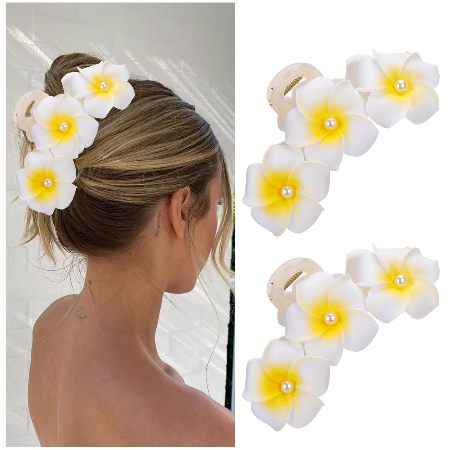 Vodolo Hawaiian Flower Hair Claw Clips for Women,2Pcs Artificial Flower Clips,Plumeria Hibiscus Hairclip for Beach Party,Cute Summers Tropical Flower Bow Hair Accessories for Girls Gifts (Yellow)