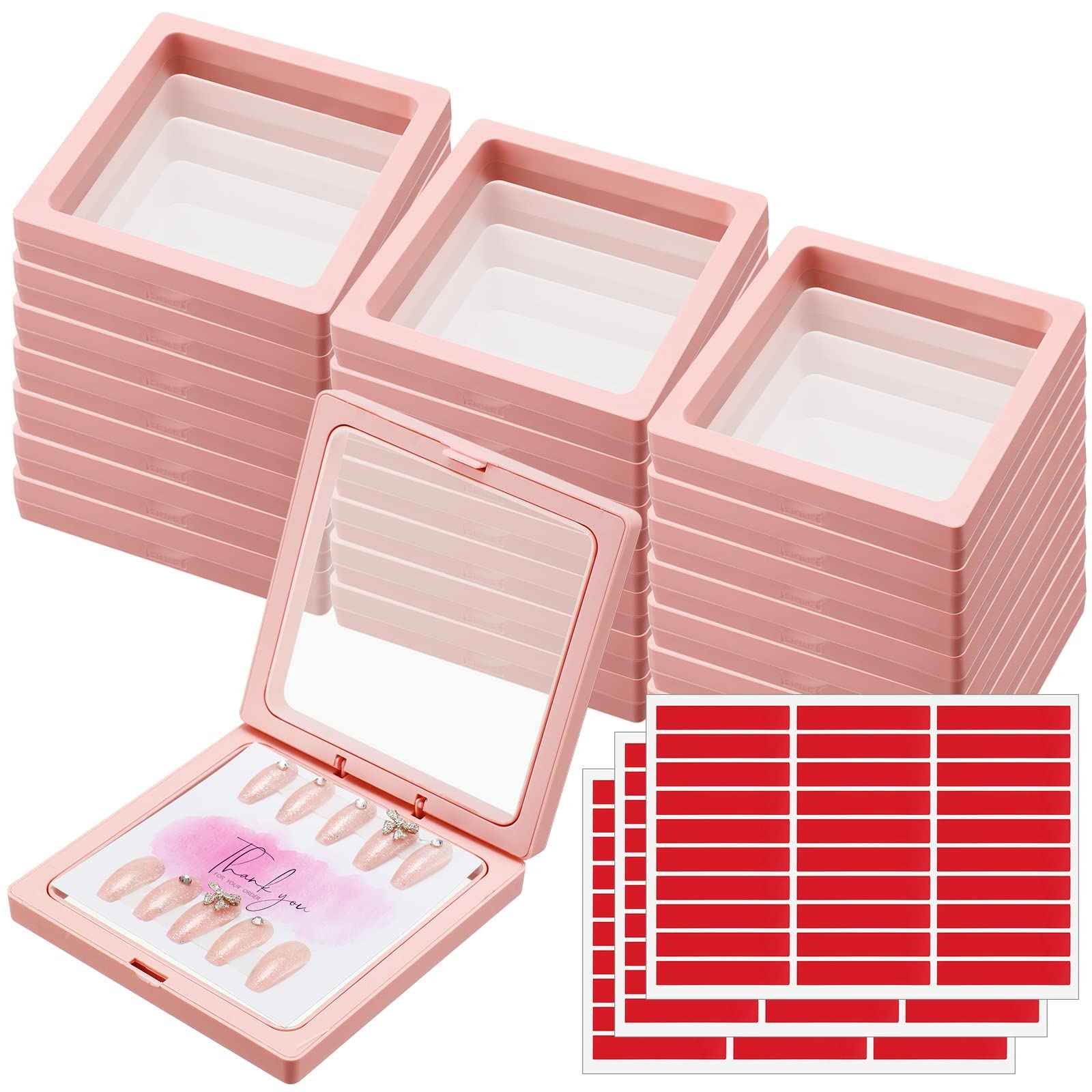 meekoo 30 Pcs Press on Nail Packaging Box with 90 Pcs Adhesive Double Sided Tape Artificial Nail Display Case Storage Container Box Acrylic Packaging Organizer for Art Home Salon(Pink)