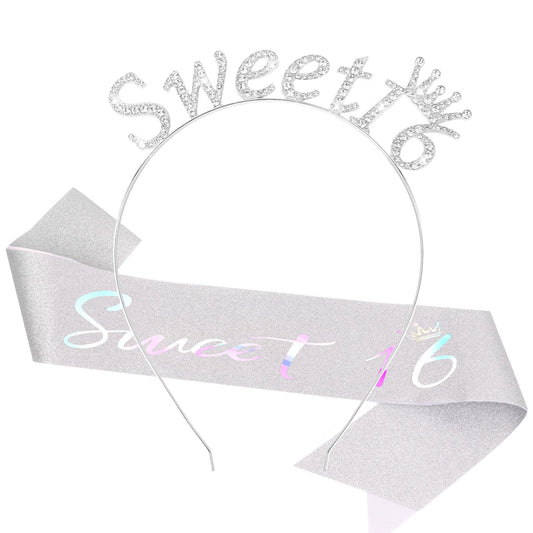 CAVETEE Sweet 16 Party Decorations,Silver Sweet 16 Sash and Crown 16th Birthday Crown for Girls 16th Happy Birthday Party Decorations