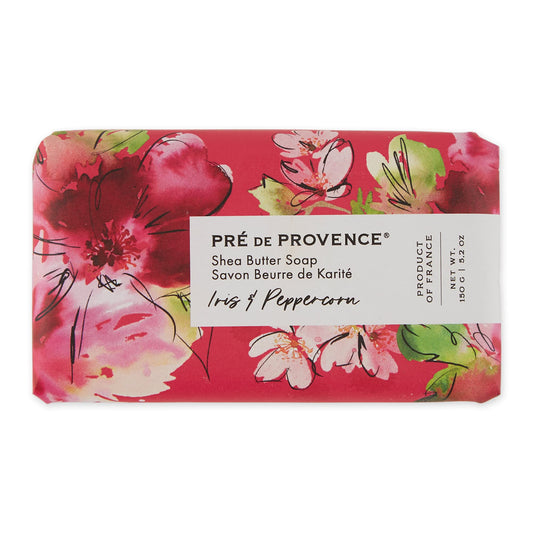 Pre de Provence Wrapped Artisanal Soap Bar, Organic Shea Butter Enriched, Natural French Skincare, Quad Milled for a Rich Smooth Lather, Iris & Peppercorn, 150 Gram