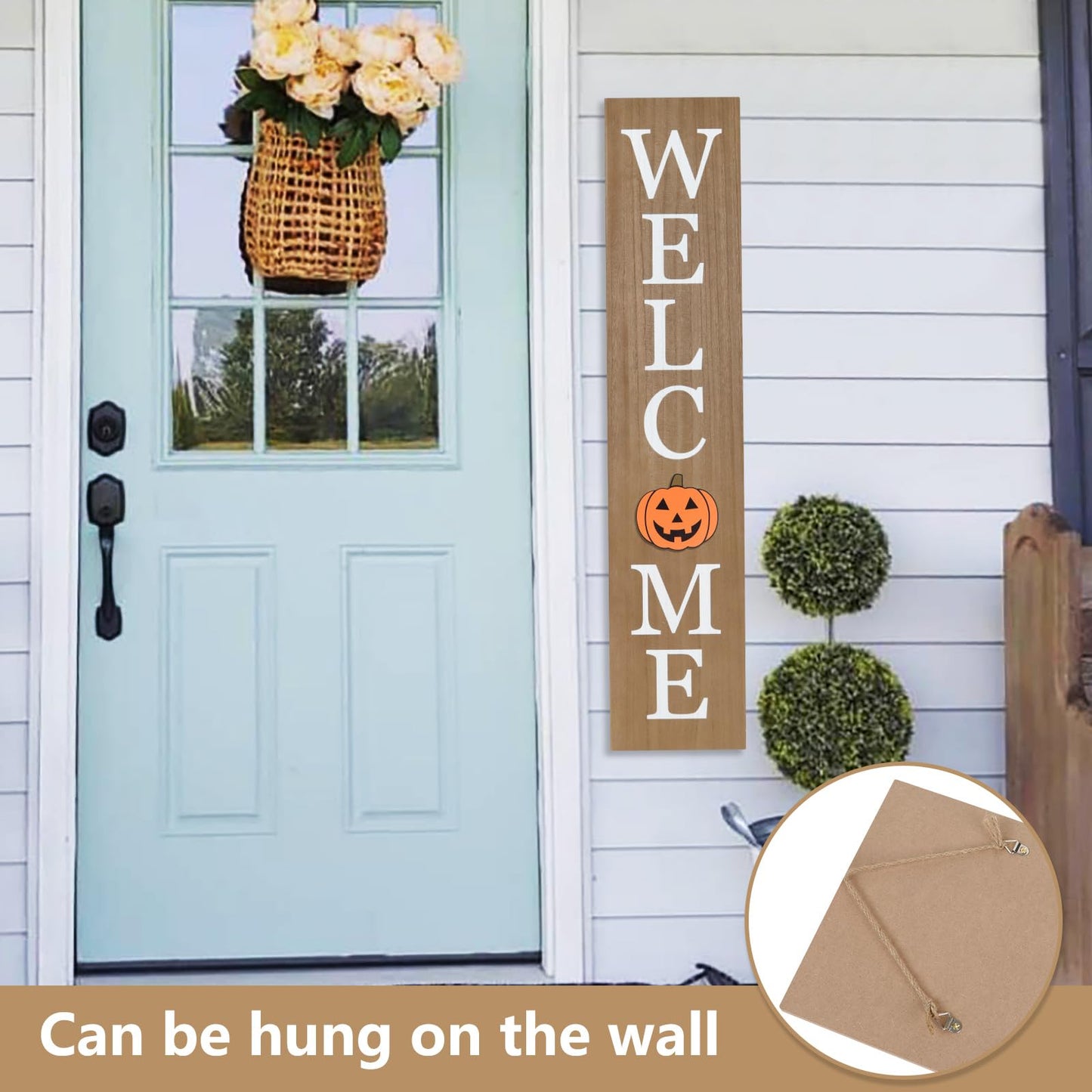 Interchangeable Welcome Sign for Front Porch- 45"X9" Large Standing/Hanging Wooden Sign with 12 PCS Replaceable Icons for Farmhouse Harvest Fall Halloween Thanksgiving Christmas Porch Wall Yard Decorations