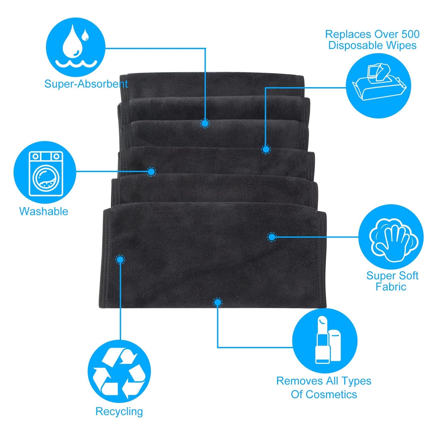 SUNLAND Microfiber Face Makeup Remover Cloths Reusable Facial Cleaning Towel Ultra Soft Washcloths 8inchx16inch Black 6Pack