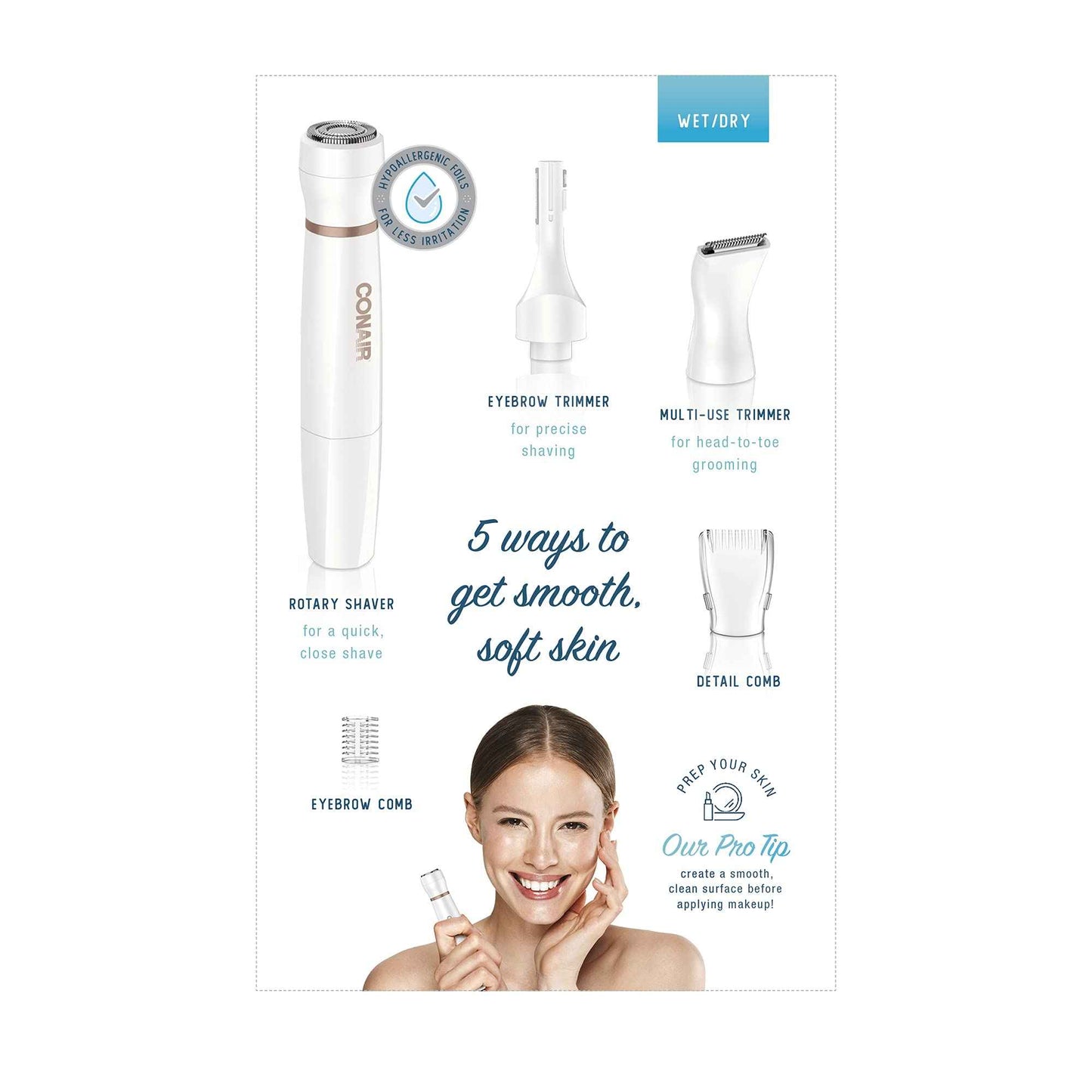 Conair All-In-1 Facial Hair Removal for Women, Cordless Electric Trimmer, Perfect for Face, Ear/Nose, Eyebrows, and Bikini Lines