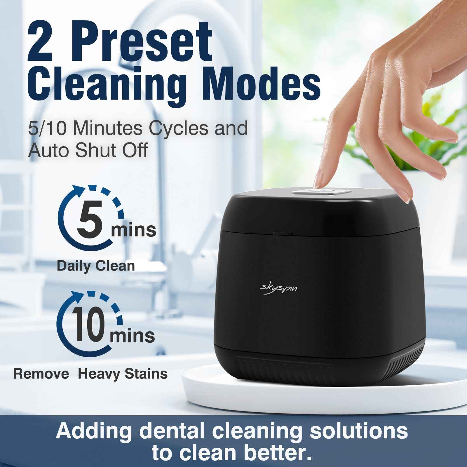 Skysipin Ultrasonic Retainer Cleaner Machine U-V, 45KHz 2 Modes Quiet, Denture Aligner Cleaner Mouth Guard Dental Cleaning Ultrasonic for All Dental Appliances, Jewelry 6.8oz Black