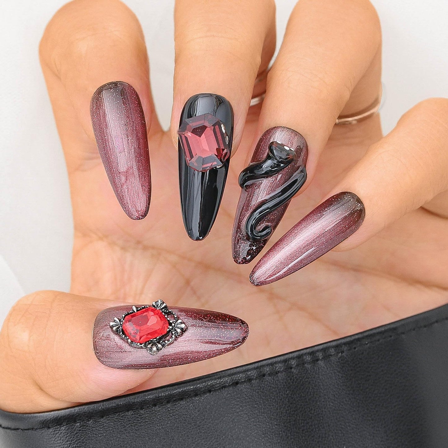 Sethexy Punk Handmade Press On Nails Long Stiletto Acrylic False Nails with Design Glossy Rhinestone Salon Fake Nail for Women and Girls 10PCS (Dark Red)