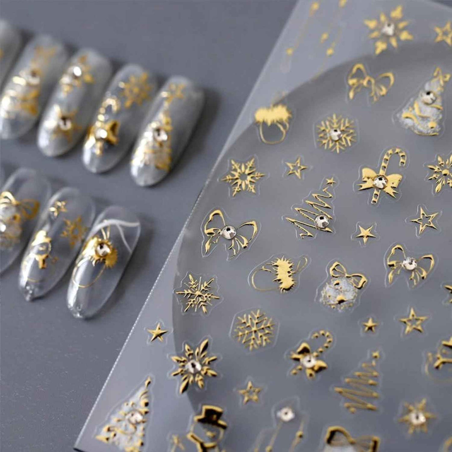 Christmas Nail Stickers Gold Nail Art Stickers Snowflake Snowman Nail Decals with Rhinestones Design Xmas Tree Bow Star Nails Art Decals 5D Embossed Winter Nails Decoration for Women