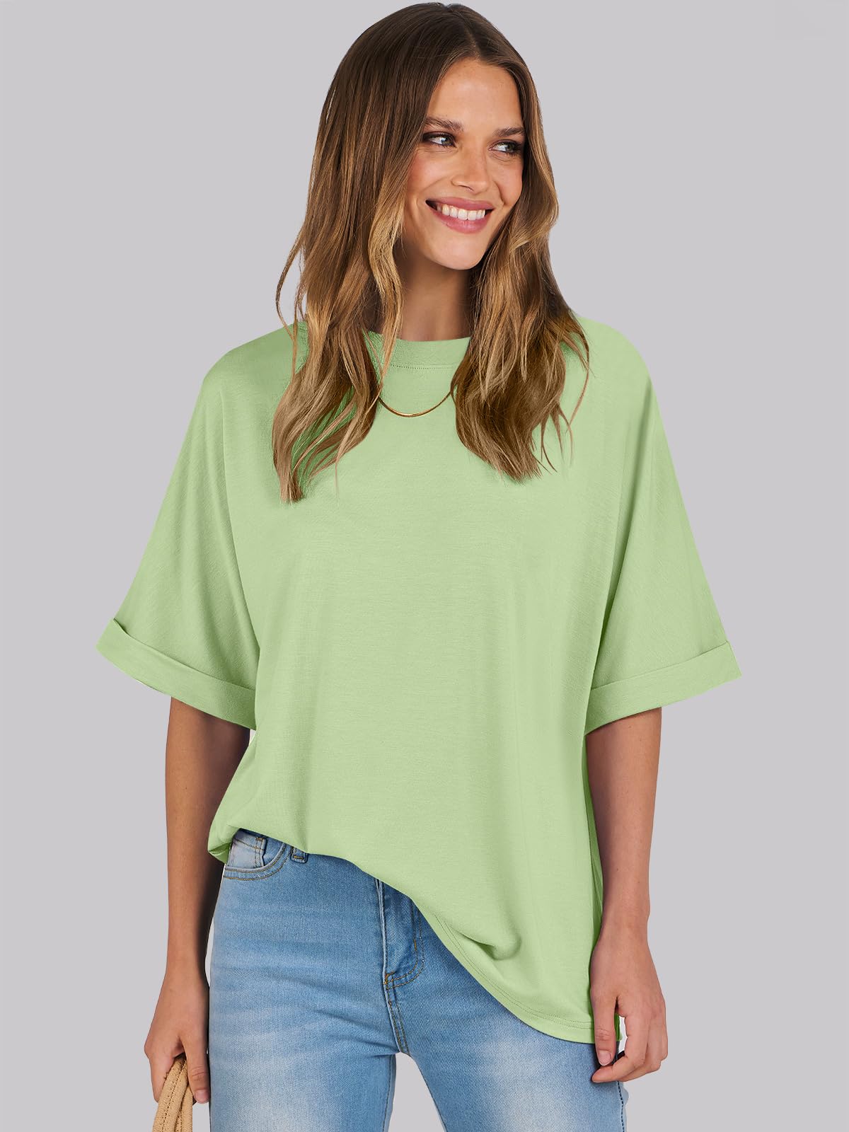 ANRABESS Women's Oversized T Shirts Short Sleeve Crewneck Summer Tops Casual Loose Basic Tee Shirts 2024 Trendy Clothes Light Green Small