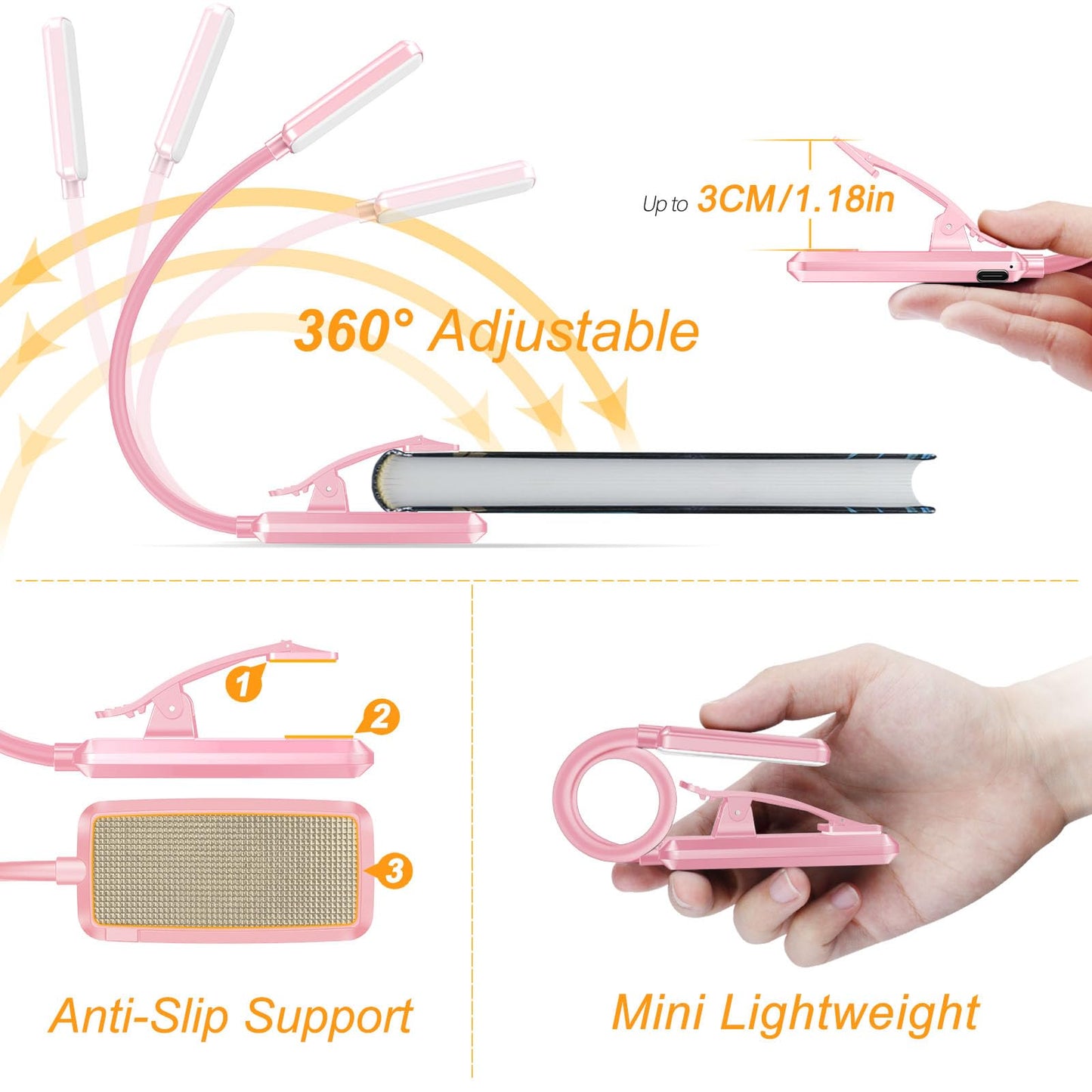 Gritin 9 LED Rechargeable Book Light for Reading in Bed - Eye Caring 3 Color Temperatures,Stepless Dimming Brightness,80 Hrs Runtime Small Lightweight Clip On Book Reading Light for Studying-Pink