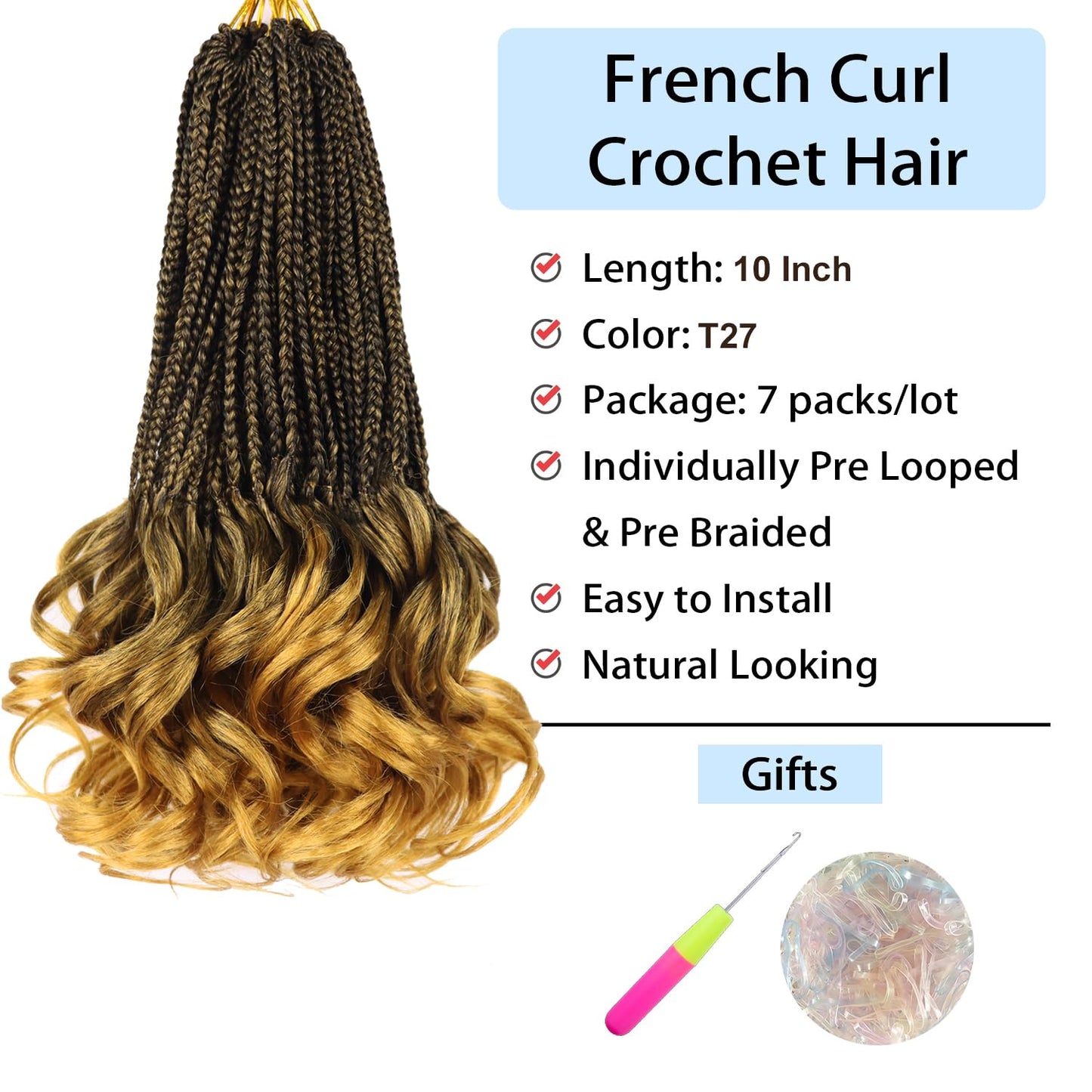 Crochet Hair 10 Inch French Curl Braiding Hair Goddess Box Braids Crochet Hair Braiding Hair Short French Curl Crochet Braids with Curly Ends Curly Crochet Hair Extensions（7 Packs,T27#）