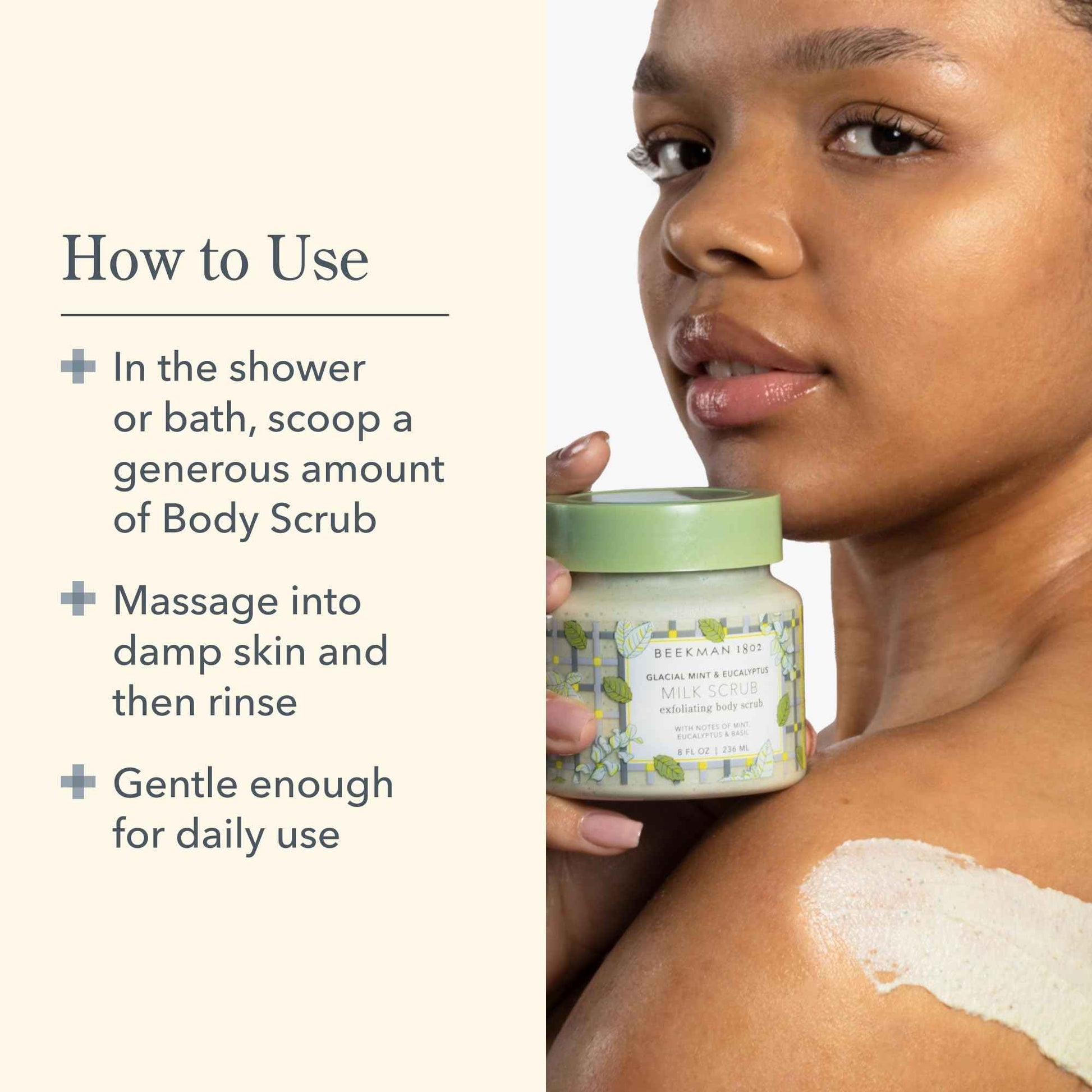 Beekman 1802 Glacial Mint & Eucalyptus Exfoliating Milk Body Scrub - 8.0 fl oz - Smooths & Evens Out Tone - With Goat Milk & Jojoba Beads - Skin Barrier Safe - Good for Sensitive Skin - Cruelty Free