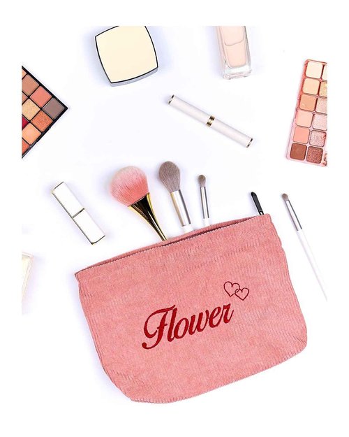Personalized Cosmetic Bag with Embroidery, Custom Cute Makeup Bags, Travel Skincare Toiletry Organizer Pouch (Pink- Flower)