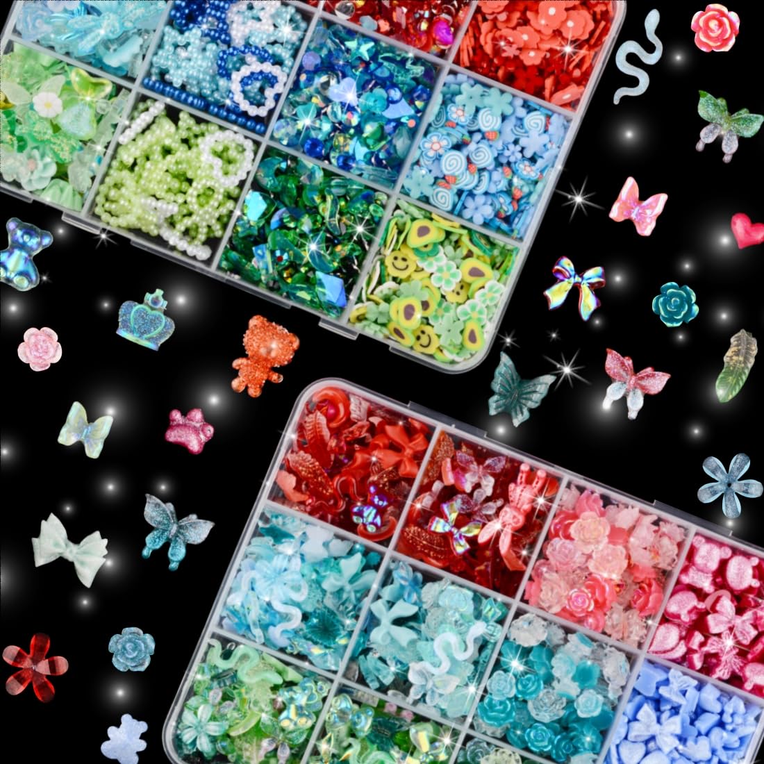 Umillars 700pcs 3D Resin Nail Art Charms with 1350pcs Special Shape Nail Flatback Rhinestones Nail Art Slices Acrylic Hollow Beads Nail Sequins Mini Flowers for Nail Art Designs(Red+Blue+Green)