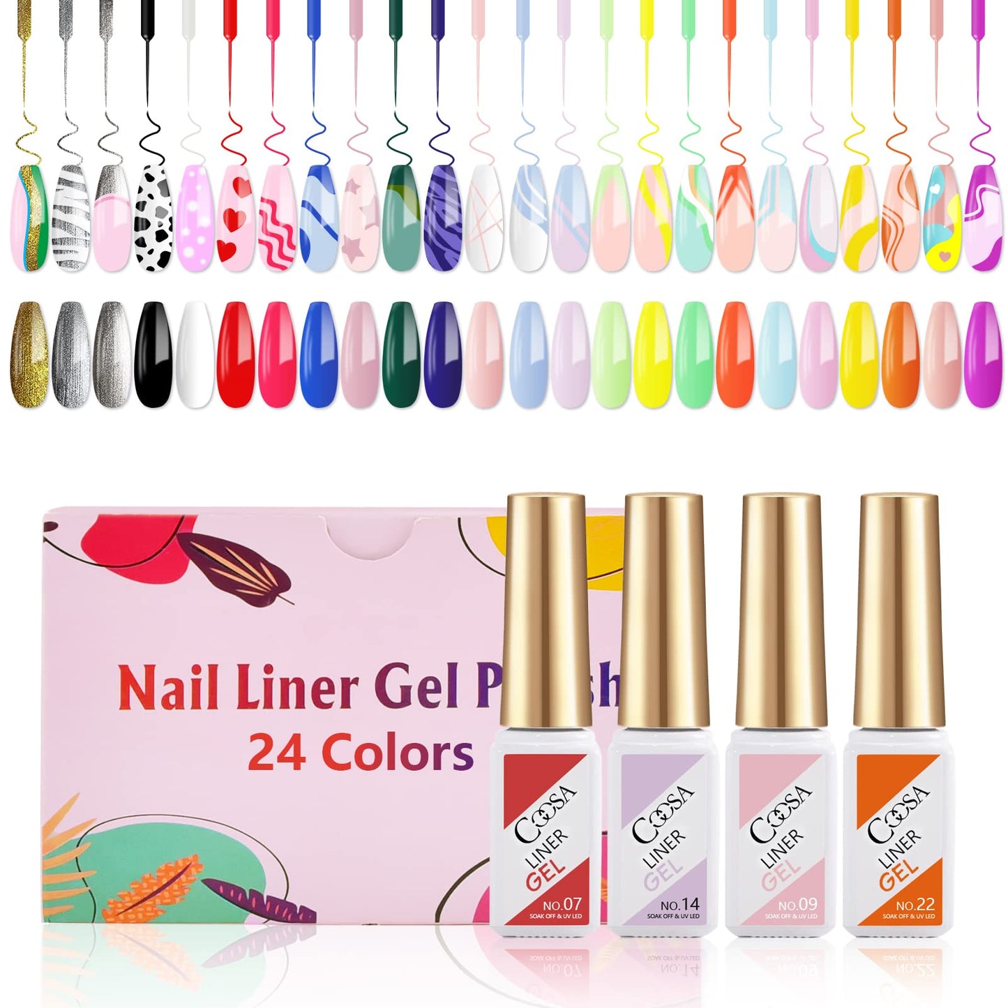 Gel Liner Nail Art Gel Polish Painted Set - Neon 24 Colors Art Design UV LED Nail Art Kit with Thin Brush for Line Art in Gel Pens Soak Off Manicure Salon DIY at Home with Box Gift for Women