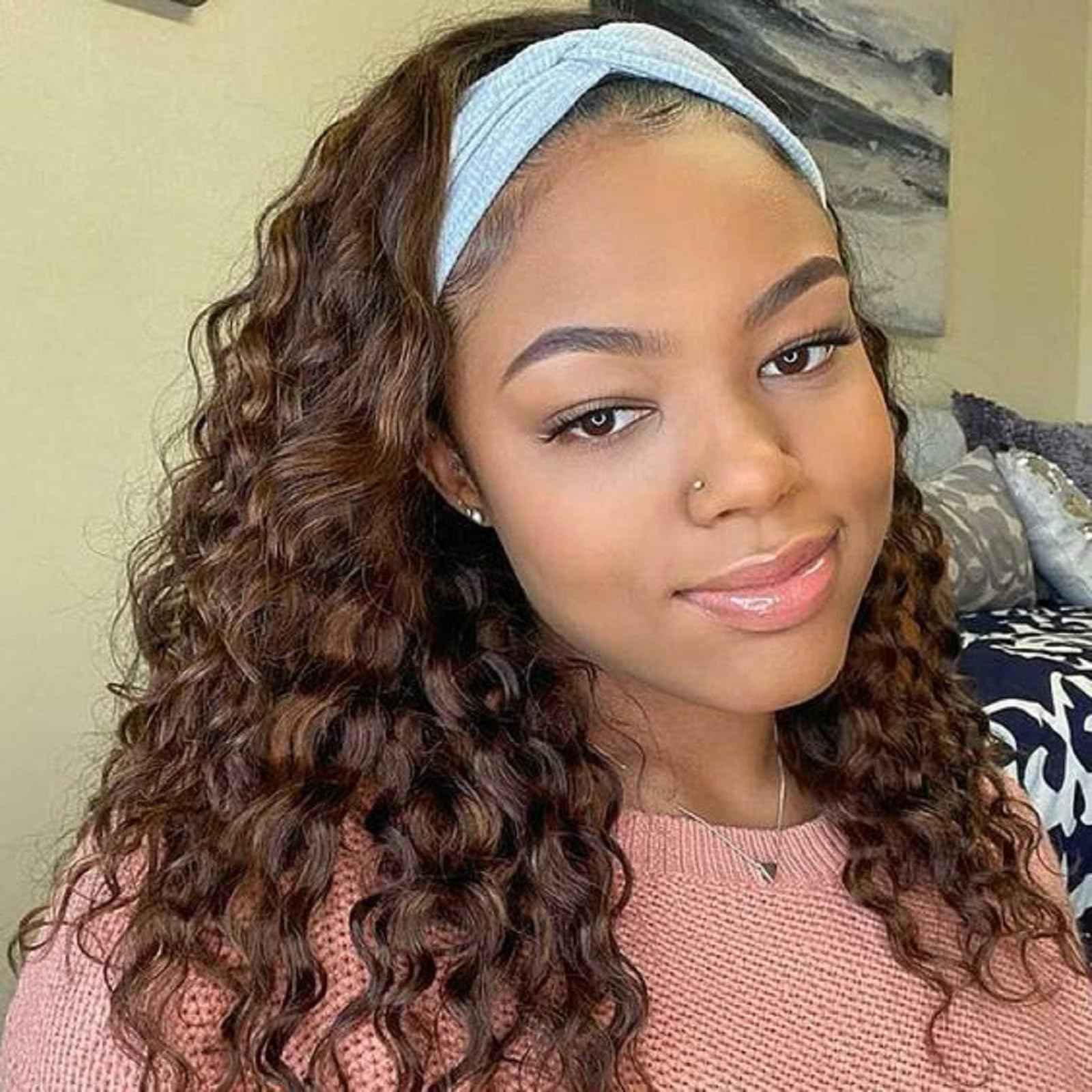 Lauberita Chocolate Brown Headband Wig Human Hair for Women #4 Deep Wave Headband Wig Glueless Curly Human Hair Wig 14 Inch