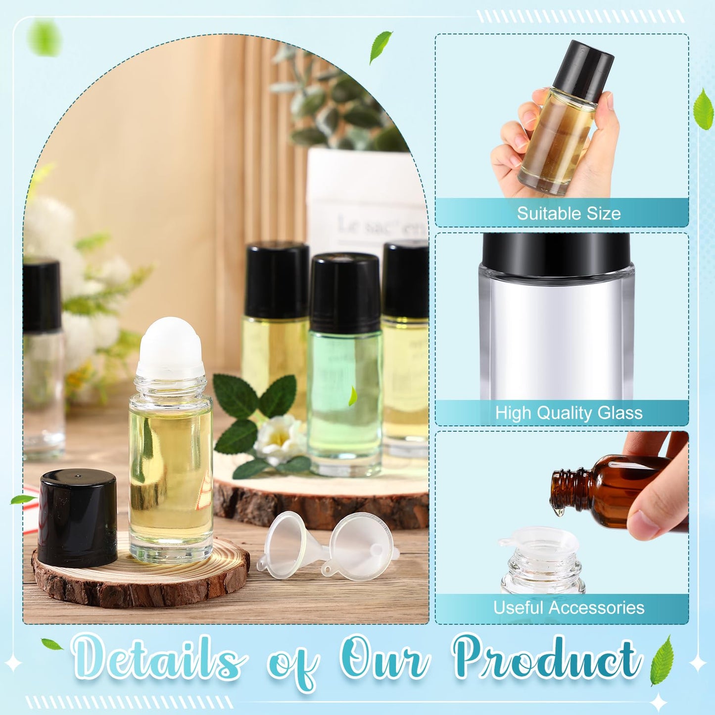 Sumind 24 Pcs 30 ml Essential Oil Roller Bottles Glass Roller Deodorant Bottle Clear Roller Ball Container Empty Refillable Rollerball Bottle with Stainless Steel Roller Balls, Funnel and Sticker