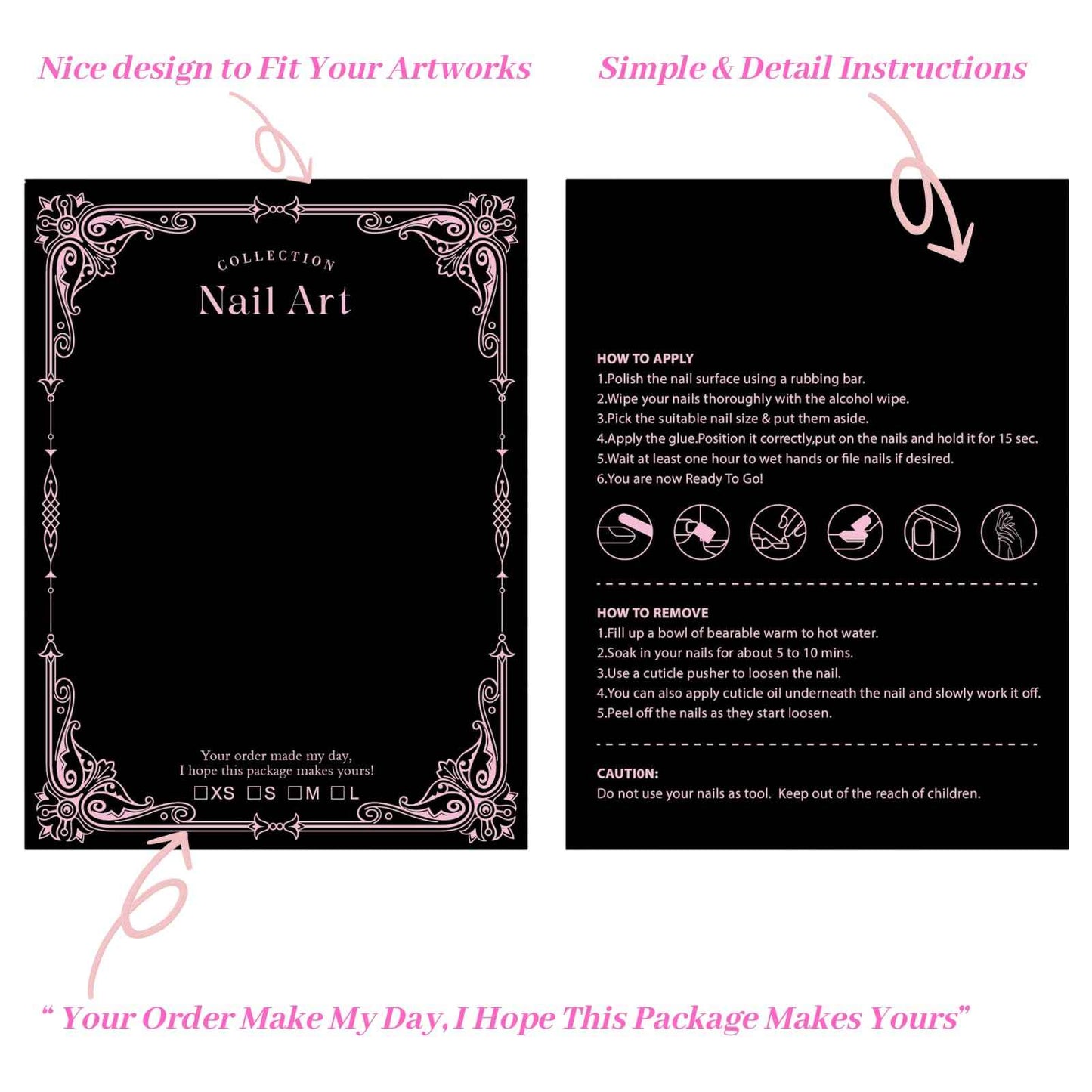 Press On Nail Packaging Kit for Long Nails – Y2K 50 Display Cards with Bags & Tape – Nail Tech Supplies for for Gothic & Baddie Nailfies Nail Salon Studio Manicure Business(Black, 3.54*4.7)