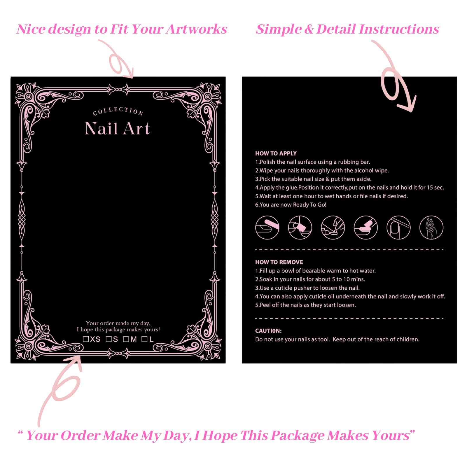 Press On Nail Packaging Kit for Long Nails – Y2K 50 Display Cards with Bags & Tape – Nail Tech Supplies for for Gothic & Baddie Nailfies Nail Salon Studio Manicure Business(Black, 3.54*4.7)