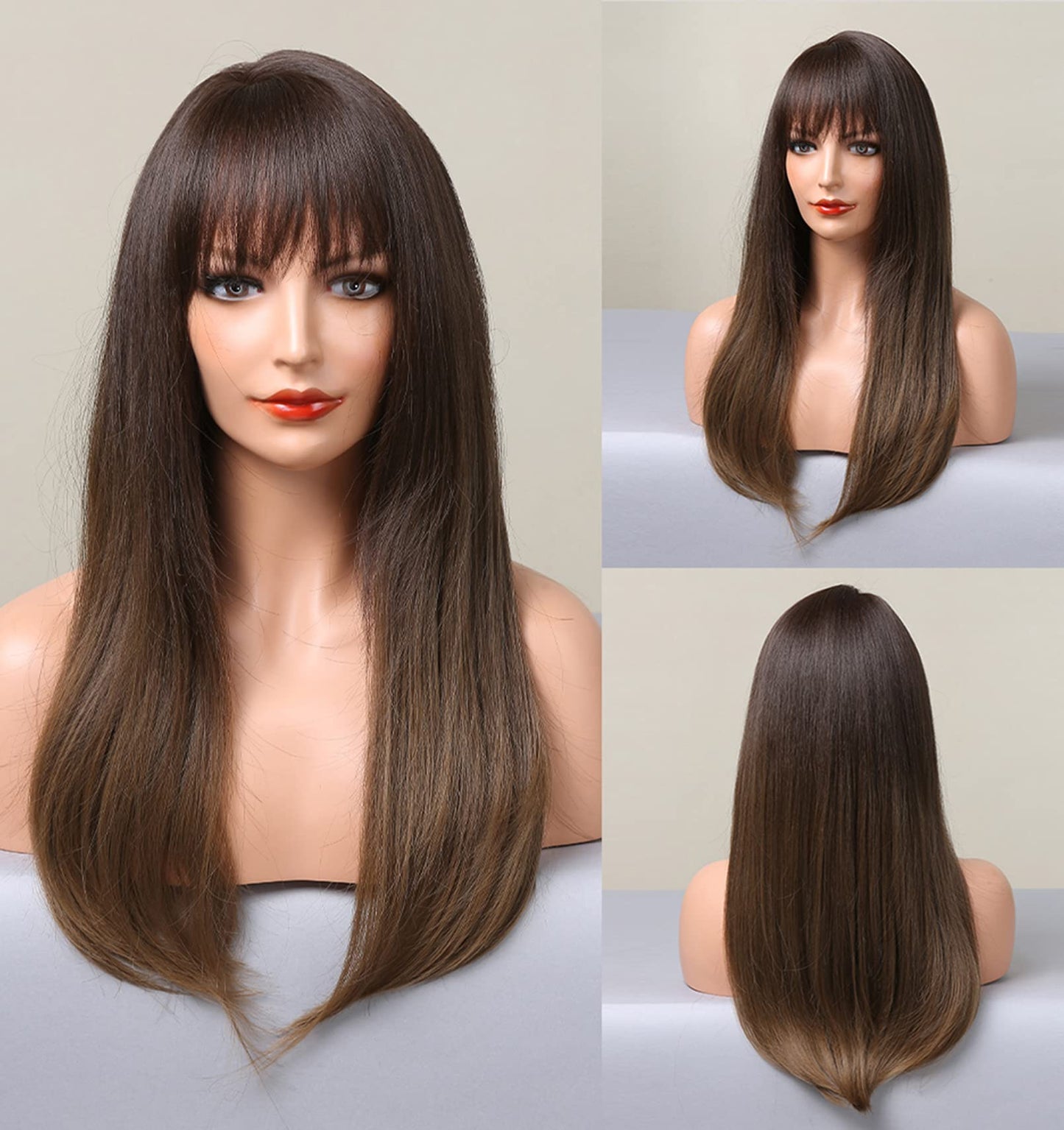 LANOVA Dark to Brown Wigs with Bangs,Ombre Brown Straight Wig for Woman Natural Looking Glueless Synthetic Cosplay Wig 20 inch LANOVA-237