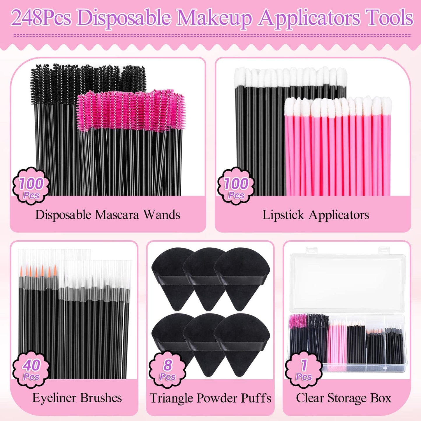 248 Pcs Disposable Makeup Applicators with Triangle Makeup Puffs, Mascara wands, Disposable Lip Applicators, Eyelash liner Brushes Disposable Makeup Applicator Kit for Makeup Artist Supplies