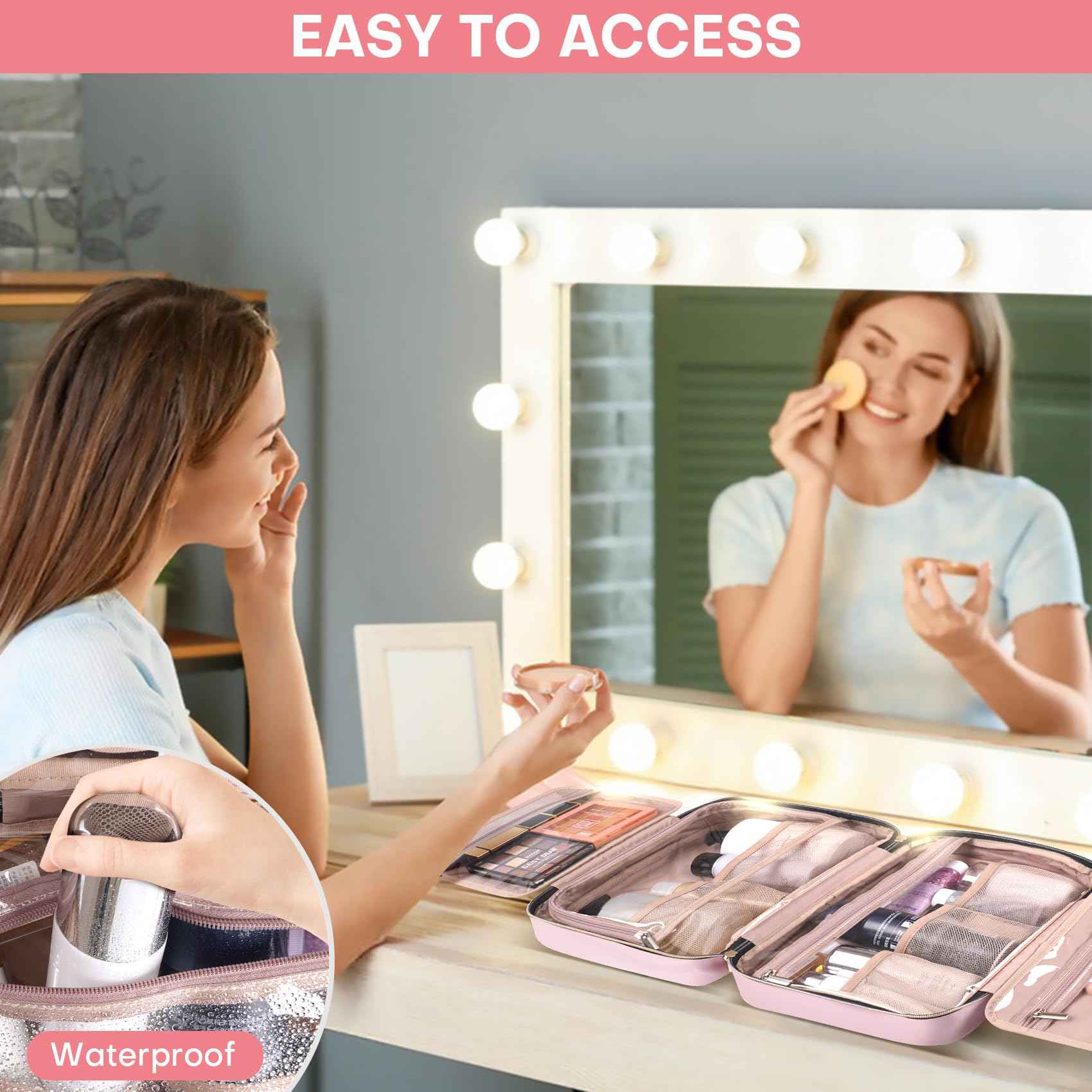 HXLGMD Travel Size Toiletry Bag for Women, Portable Cosmetic Bag with Hanging Hook, Travel Essentials Water-resistant Makeup Organizer for Accessories, Shampoo, Full-size Container, Toiletries