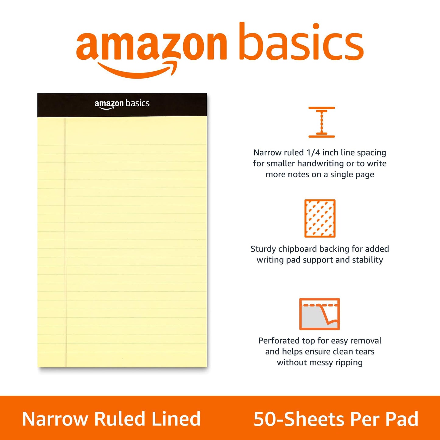 Amazon Basics Narrow Ruled Lined Writing Note Pad, 5 inch x 8 inch, Canary, 12 Count ( 12 Pack of 50 )