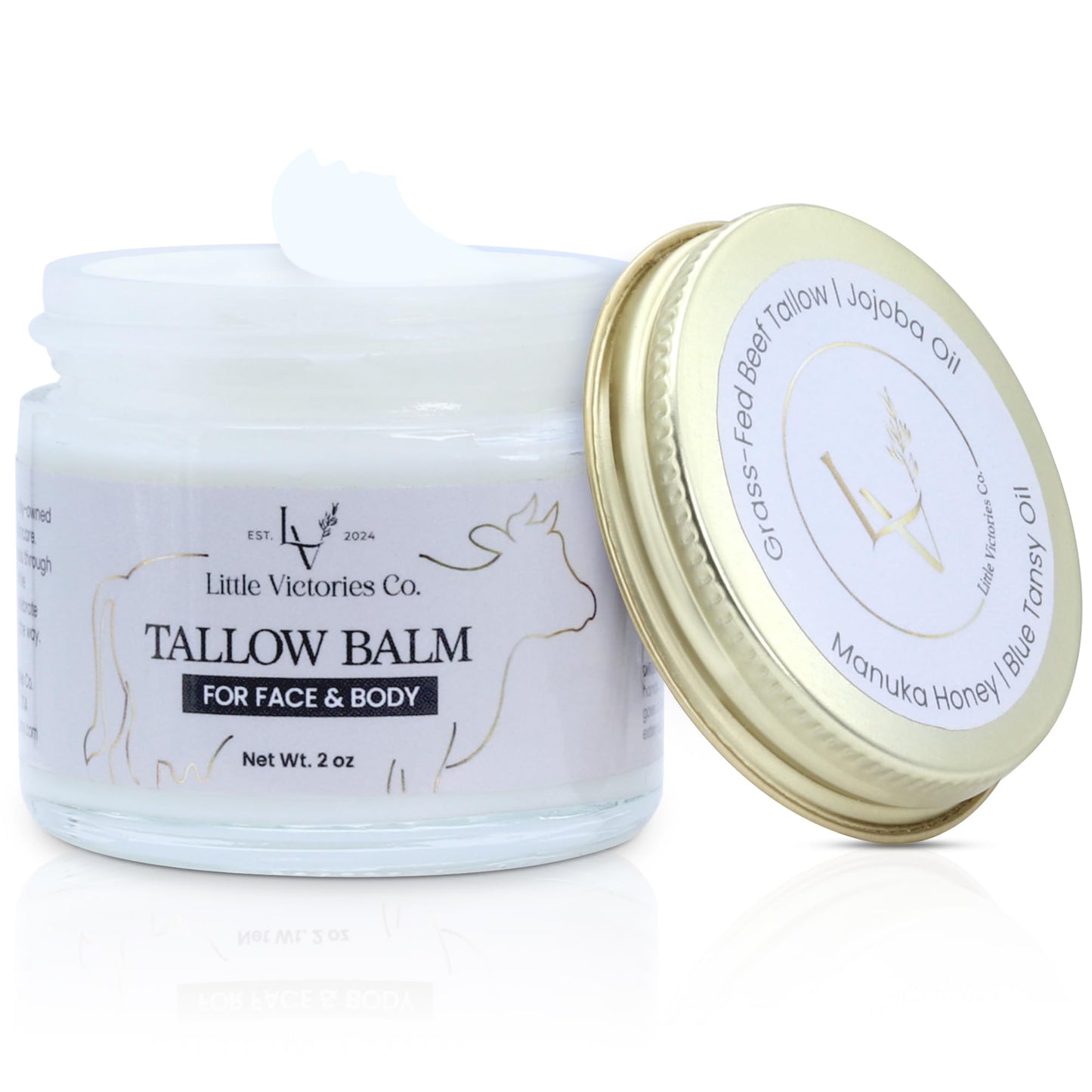 Organic Grass-Fed Beef Tallow for Skin - Whipped Tallow Face Moisturizer - Tallow Balm w/ Manuka Honey, Blue Tansy Oil, Organic Jojoba - 2oz Beef Tallow for Face - Beef Tallow and Honey Balm