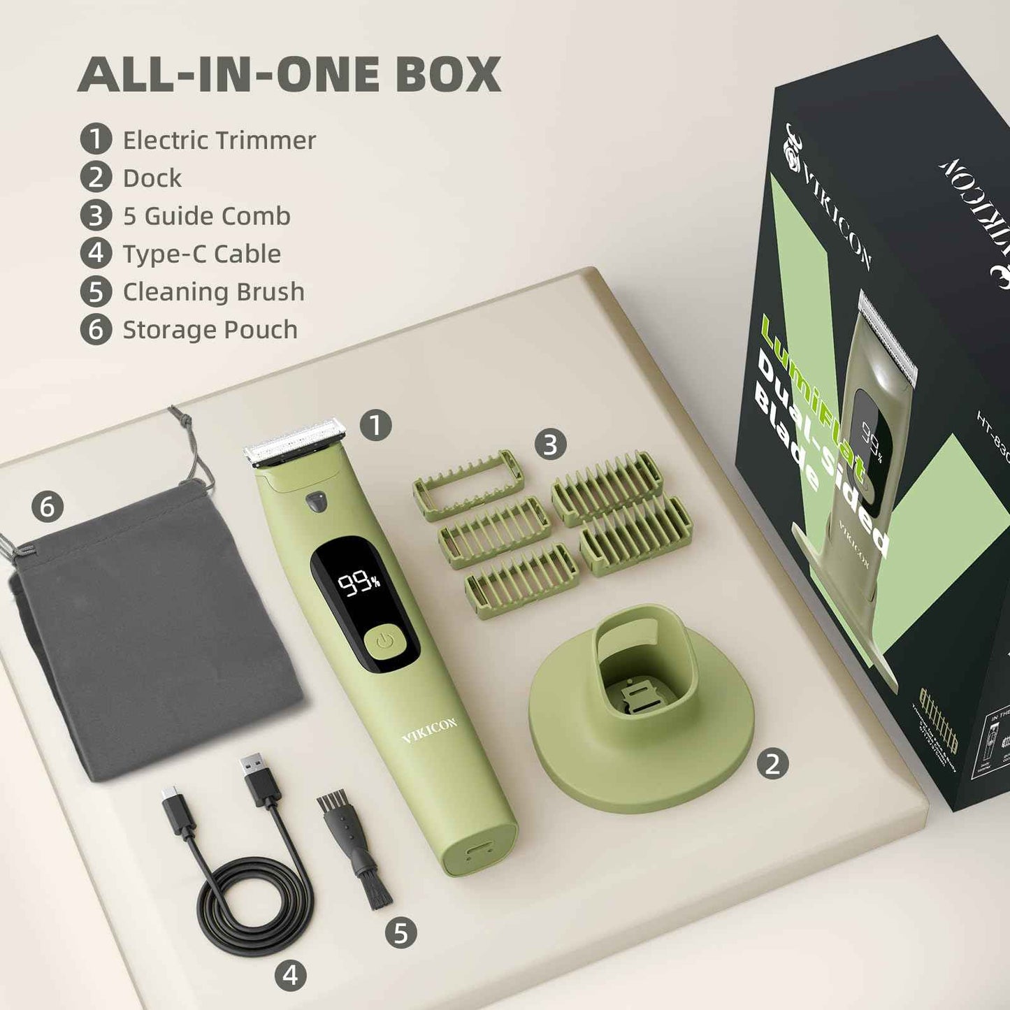 VIKICON Body Hair Trimmer for Men & Women: Safety Electric Razor for Pubic, Legs, Chest, Face w/Dual-Sided Single Blade & 5 Guide Combs, Waterproof Smooth Intimate Shaver, 150min Long Battery Life