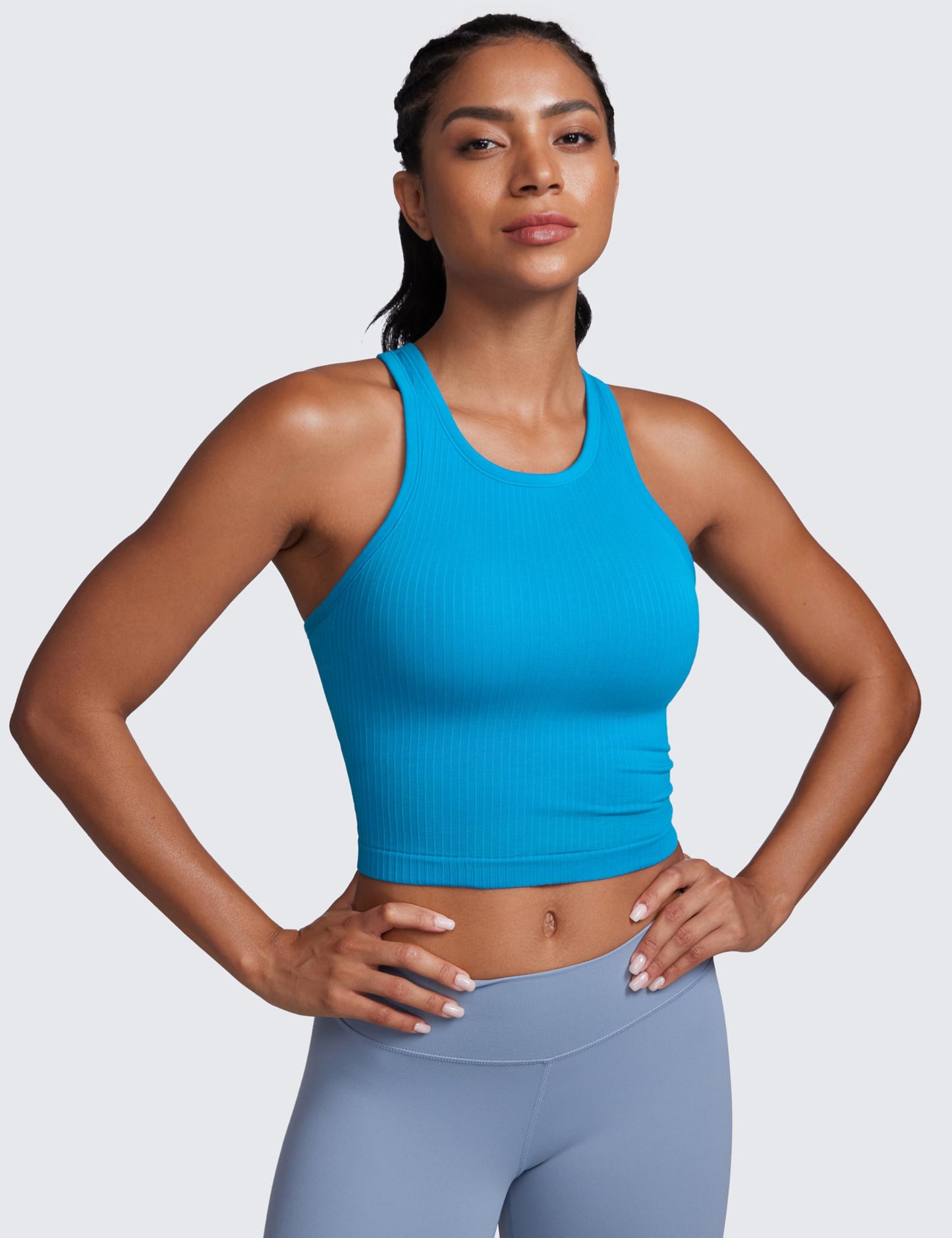 CRZ YOGA Womens Seamless Ribbed Longline High Neck Sports Bra - Racerback Padded Slim Fit Crop Tank Top with Built in Bra Madagascar Blue X-Small