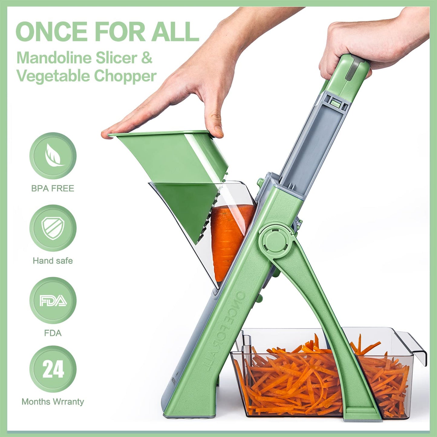 ONCE FOR ALL Upgrade Safe Mandoline Slicer Plus, Adjustable Vegetable Food Chopper Potato Fries French Fry Cutter, Detachable Blade, Kitchen Chopping Artifact, New Kitchen Gift JS03 Green