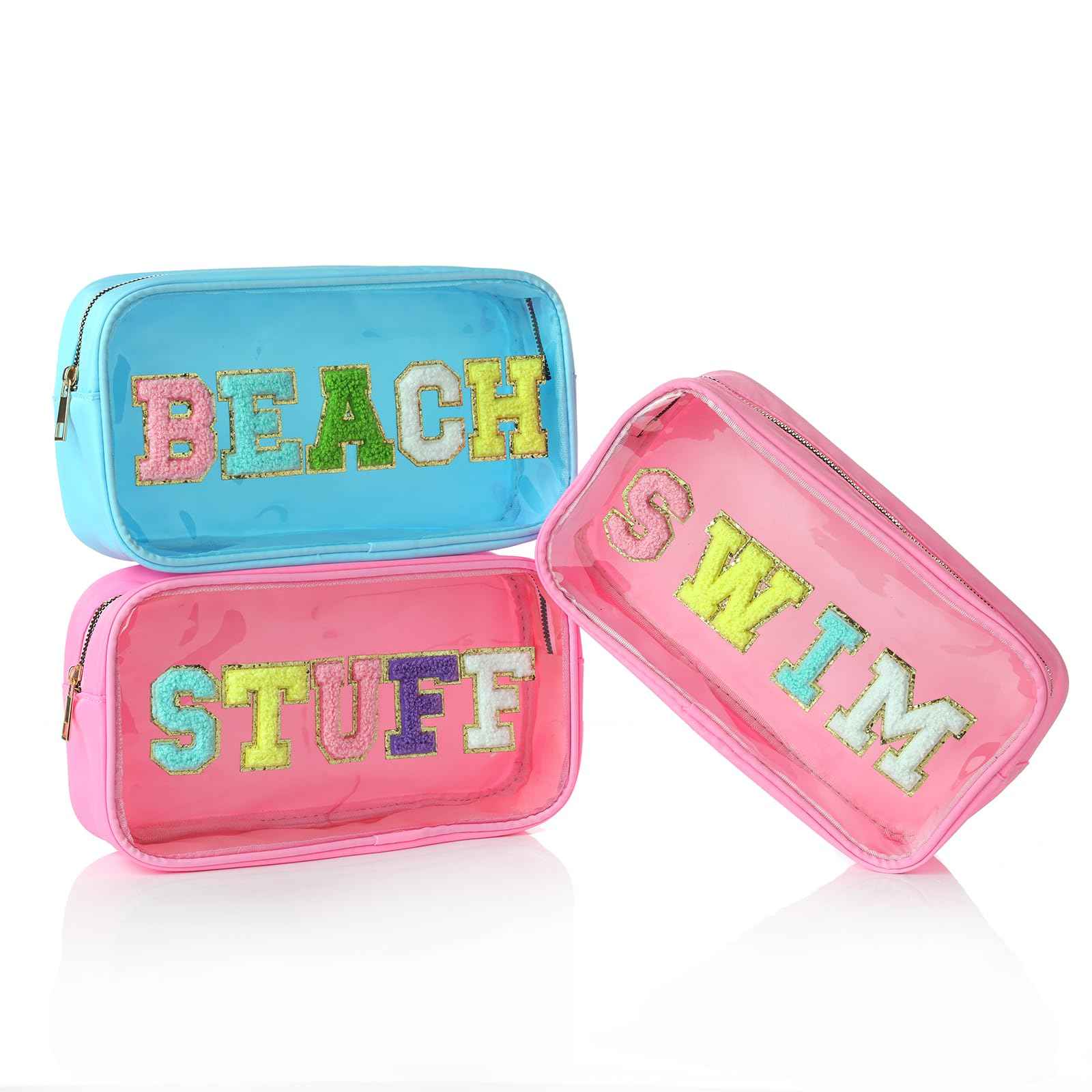 Swim Chenille Letter Makeup Bag,Waterproof Cute Women Clear Cosmetic Bags Sunscreen Organizer for Beach Pool Swimming Team Swimmers,Travel Toiletry SPF Zipper Pouches for Teen Girls (PINK-SWIM)