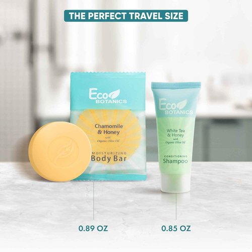 Eco Botanics Hotel Soaps & Toiletries Bulk Set | 1-Shoppe Amenities Kit for Hotels & Vacation Rentals | 0.85 oz Conditioning Shampoo & 0.89 oz Bar Soap | 100 Pieces