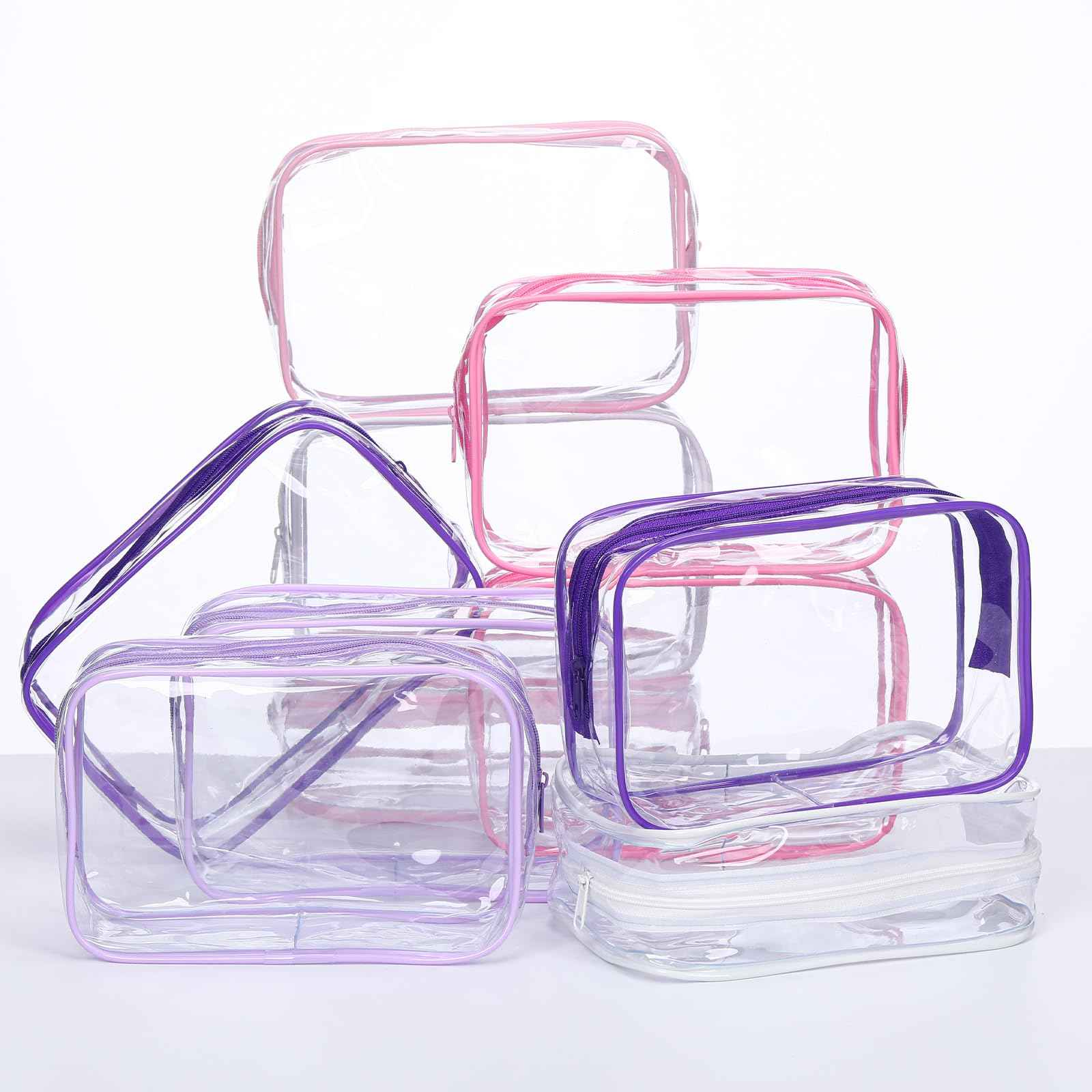 Shinylin 15 Pcs Pink and Purple Clear Makeup Bag with Zipper PVC Toiletry Bag Portable Waterproof Make up Pouches Clear Makeup Case Organizer for Women Travel Toiletries Bathroom Organizing