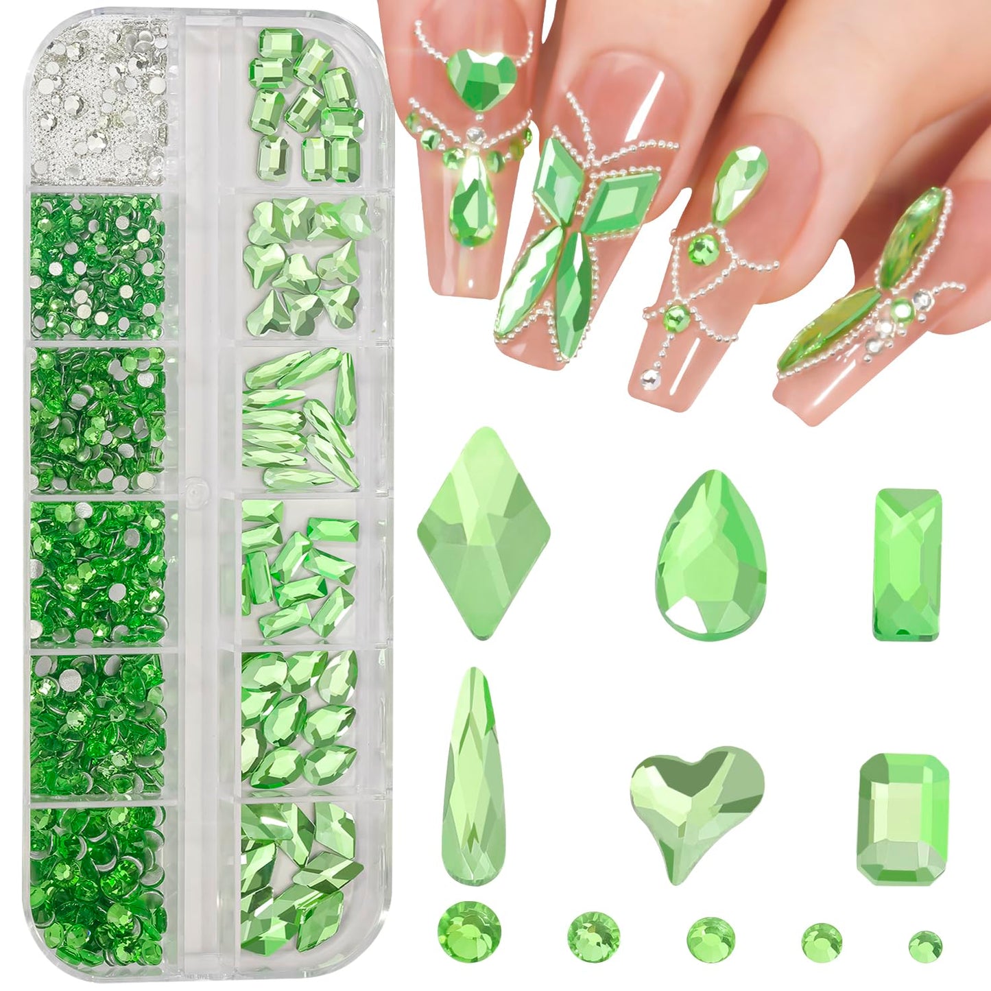 DZHILHMX Nail Rhinestones - 3D Multi Shape Size, Light Green, Beads, Flat Back, Gems Rhinestones, for Nail Art and DIY Decor