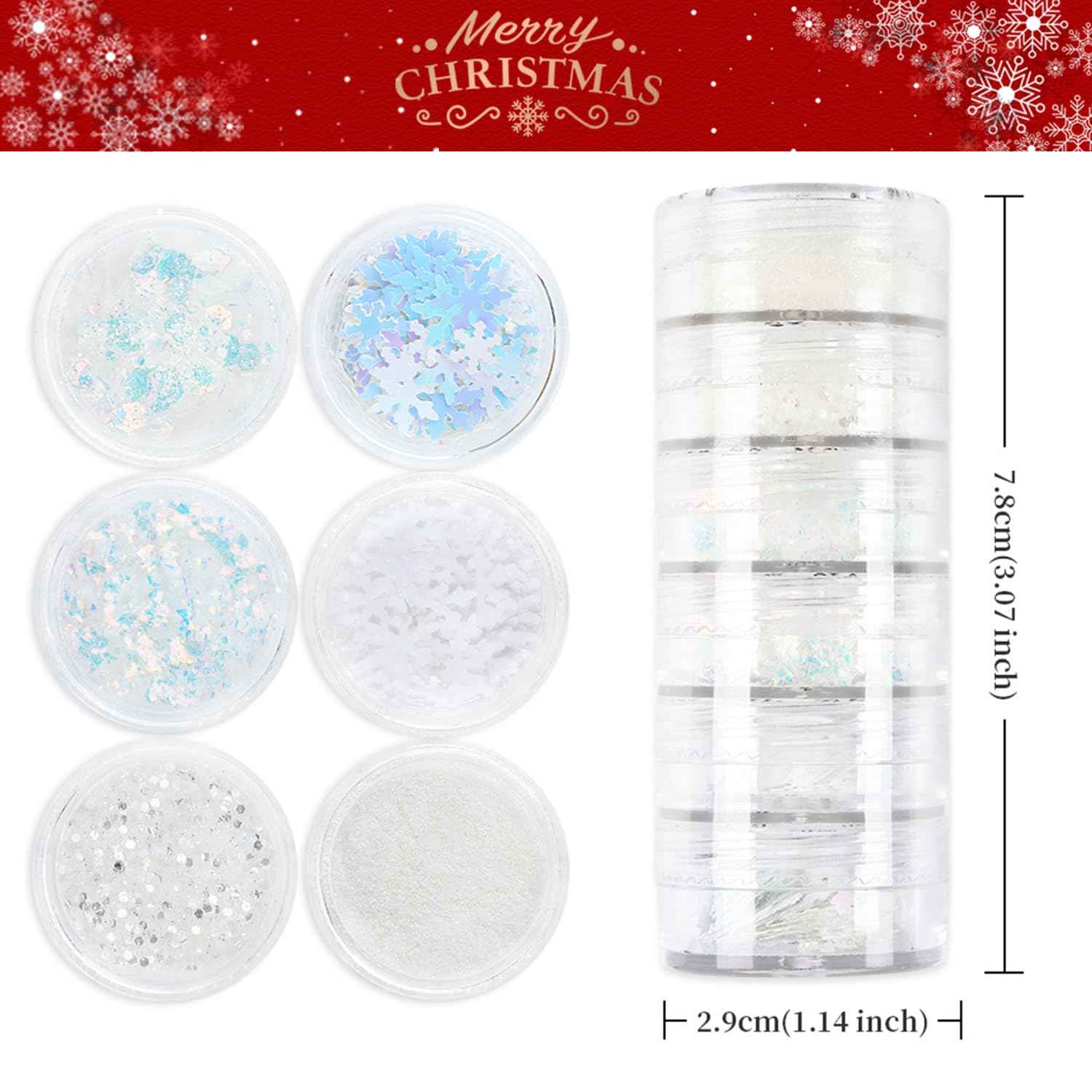 Totelux White Nail Glitter Powder Snowflakes Nail Sequins 6 Jars Winter Snowflakes Nail Art Flakes Powder Kit for Acrylic Christmas Nails Decorations DIY Crafts