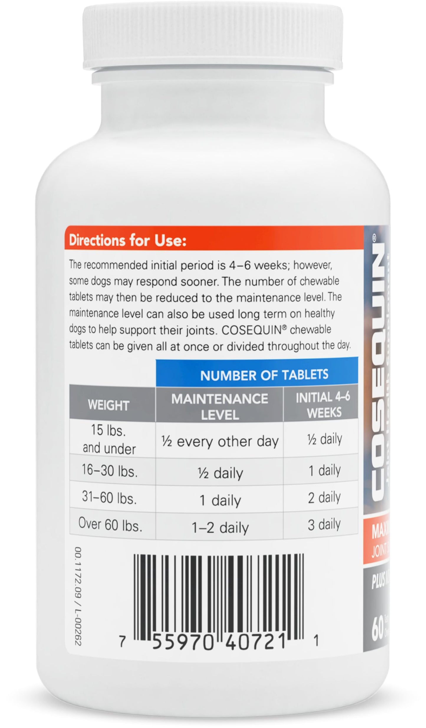 Nutramax Laboratories Cosequin Maximum Strength Joint Health Supplement for Dogs - With Glucosamine, Chondroitin, and MSM, 60 Chewable Tablets