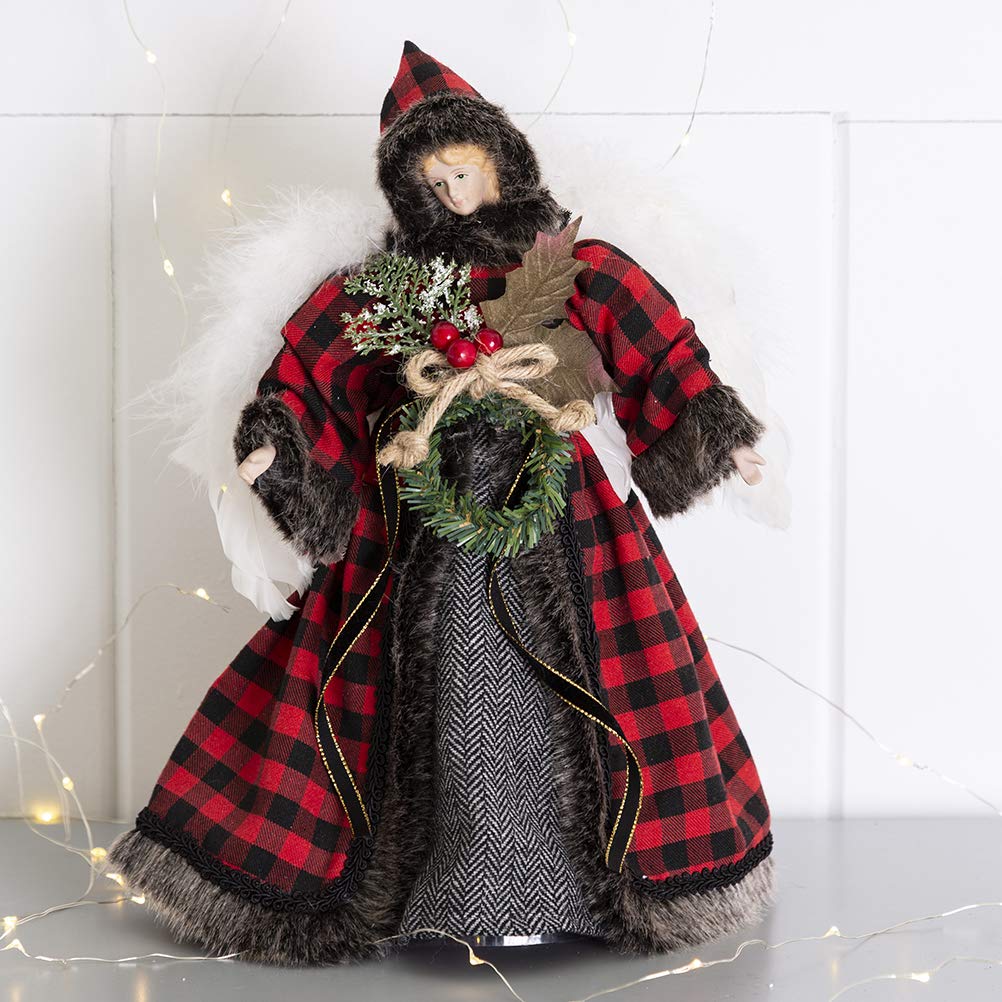 Glitzhome Handmade Plaid Angel Figurine Christmas Treetop Ornament Decoration 12" H - Red & Black