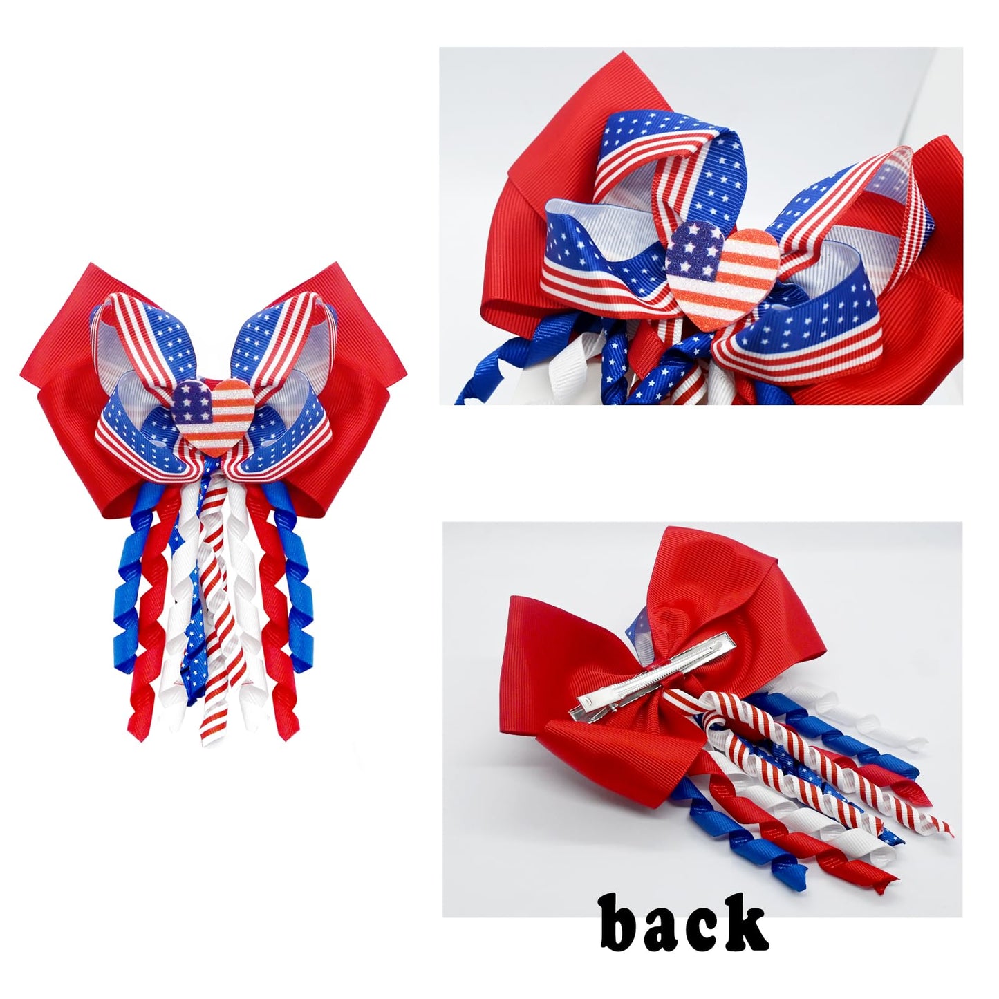 JUCCPUL 4Pcs 4th of July Hair Bows Clips for Girls American Flag Barrette Hair Bow Patriotic Stars and Stripes Hairgrips Baby Girls Women Hair Accessories 5inch