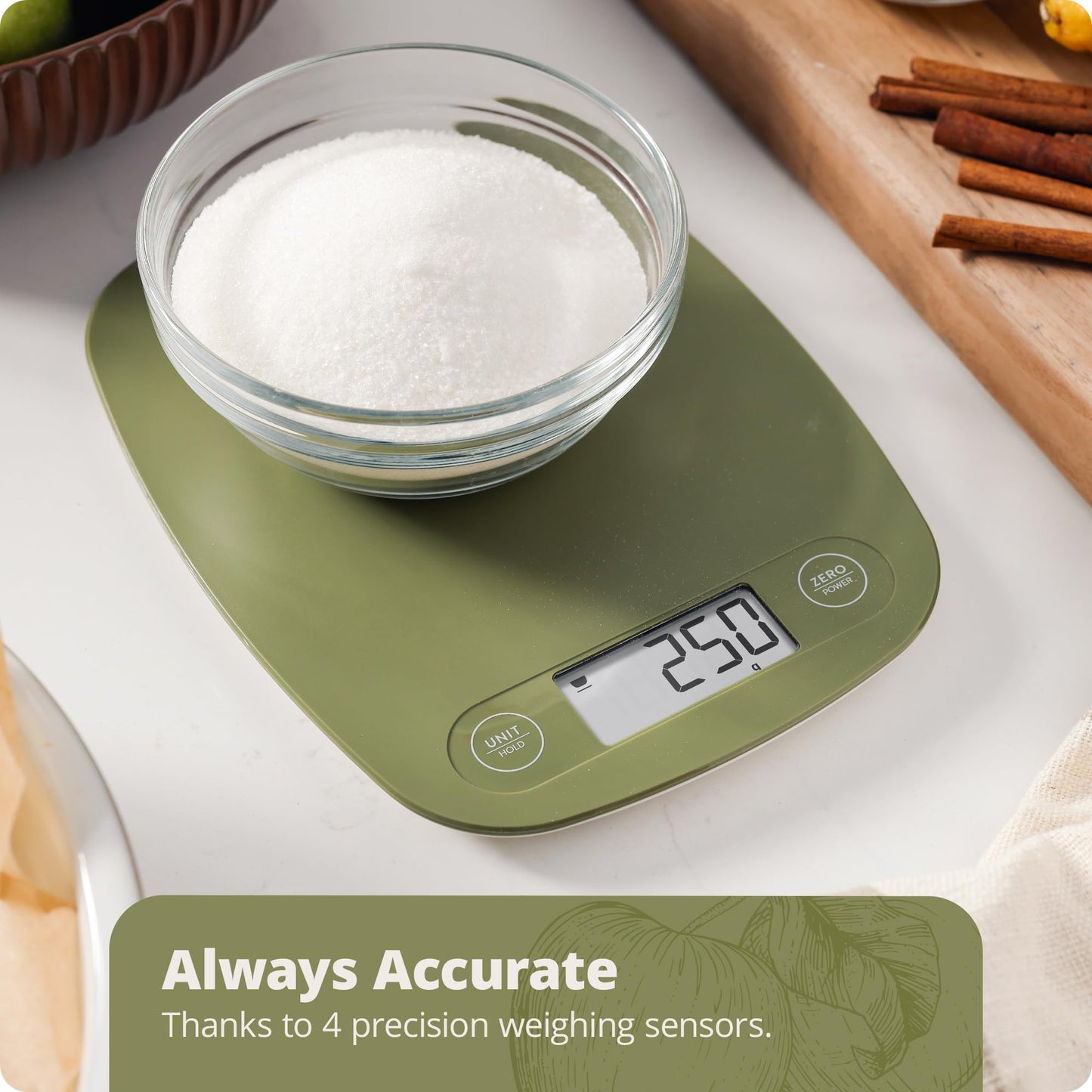 Greater Goods Digital Kitchen Scale - Cooking, Baking, Meal and Food Prep Scale, Weighs in Grams, Pounds and Ounces, Moss Green