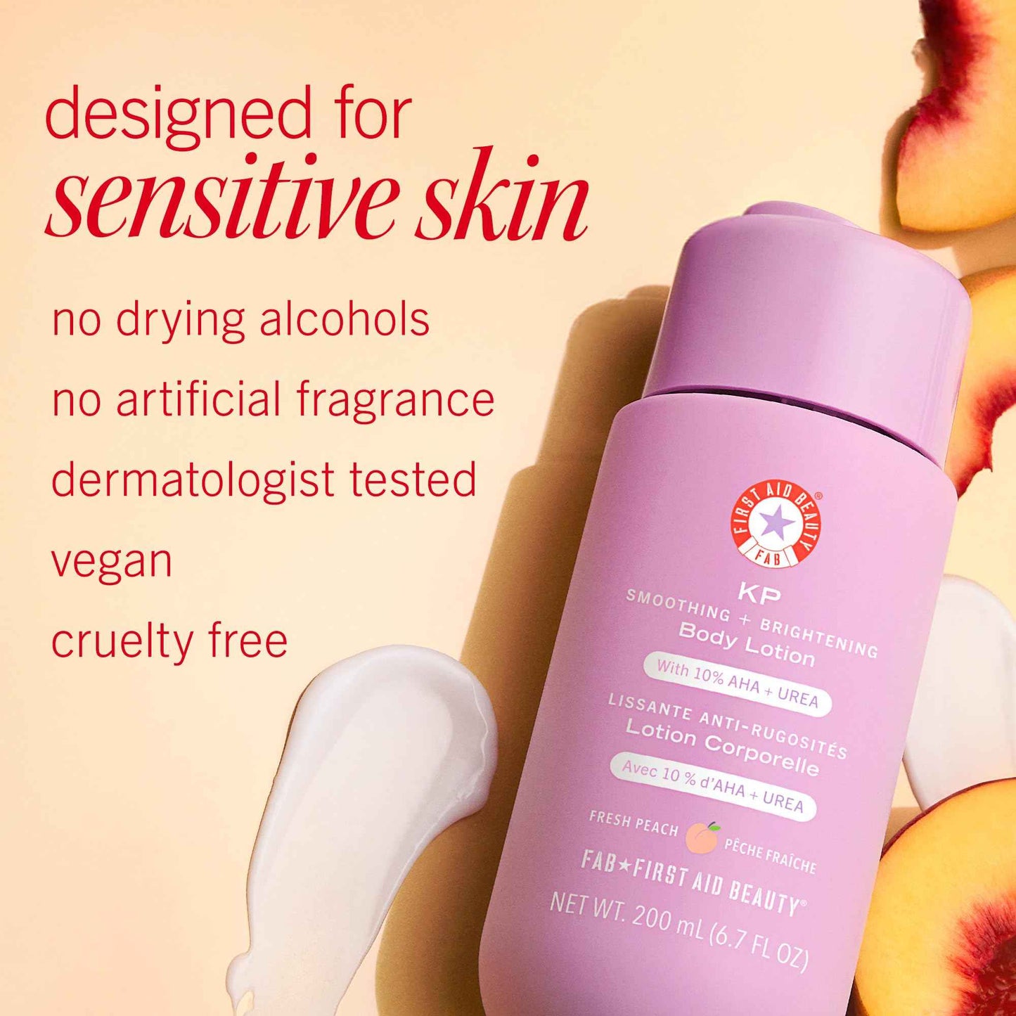 First Aid Beauty - KP Smoothing + Brightening Body Lotion with 10% AHA, Lactic Acid, Urea + Colloidal Oatmeal, Exfoliate & Moisturize, Banish Keratosis Pilaris Bumps, NEW Peach Scent (6. 7 fl oz)