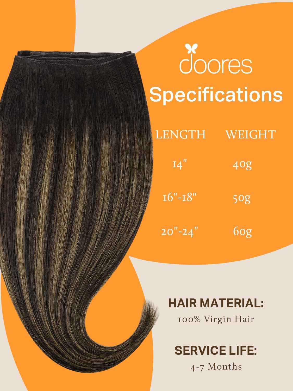 DOORES Sew in Hair Extensions Natural Straight, 18 Inch Balayage Dark Brown to Chestnut Brown 50g, Invisible Weft Hair Extensions Human Hair Virgin