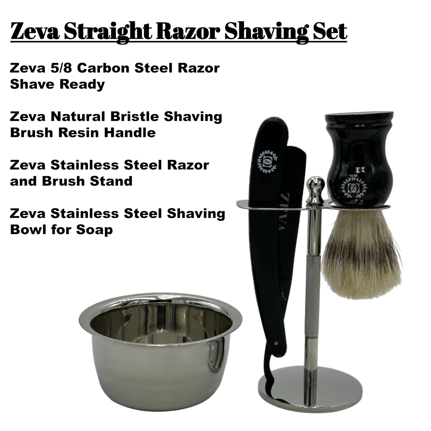 Men Grooming Gift Set Zeva Straight Razor Shave Ready Kit with Cow Leather honning Strop Soap Steel Mug Shaving Stand Stainless Steel