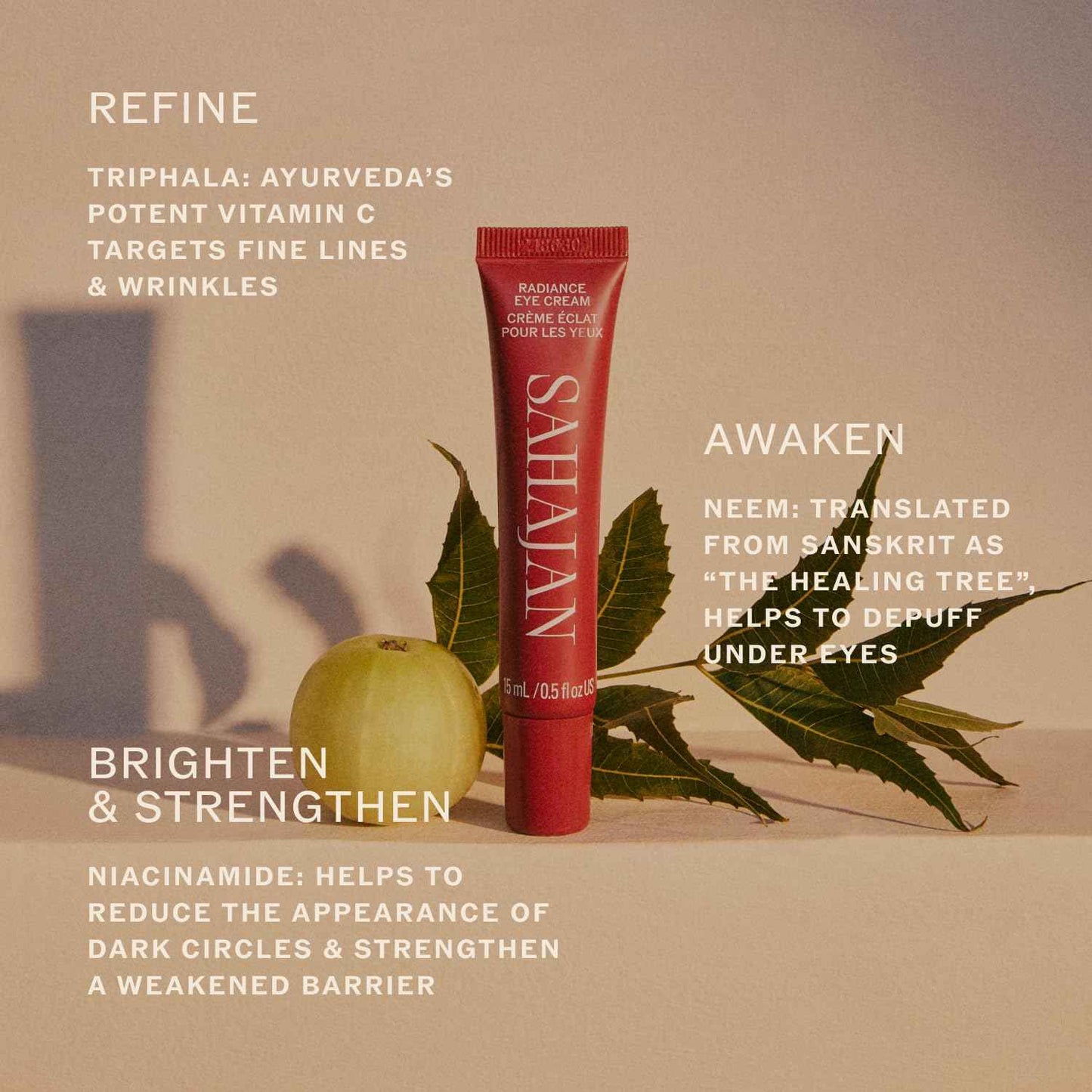 Sahajan Radiance Eye Cream with Niacinamide, Vitamin C + Adaptogens | Ayurvedic Clean Brightening Daily Eye Cream | All Skin Types | Best For Dark Circles, Firming, De-Puff, Soften, Smooth | 0.5 fl oz