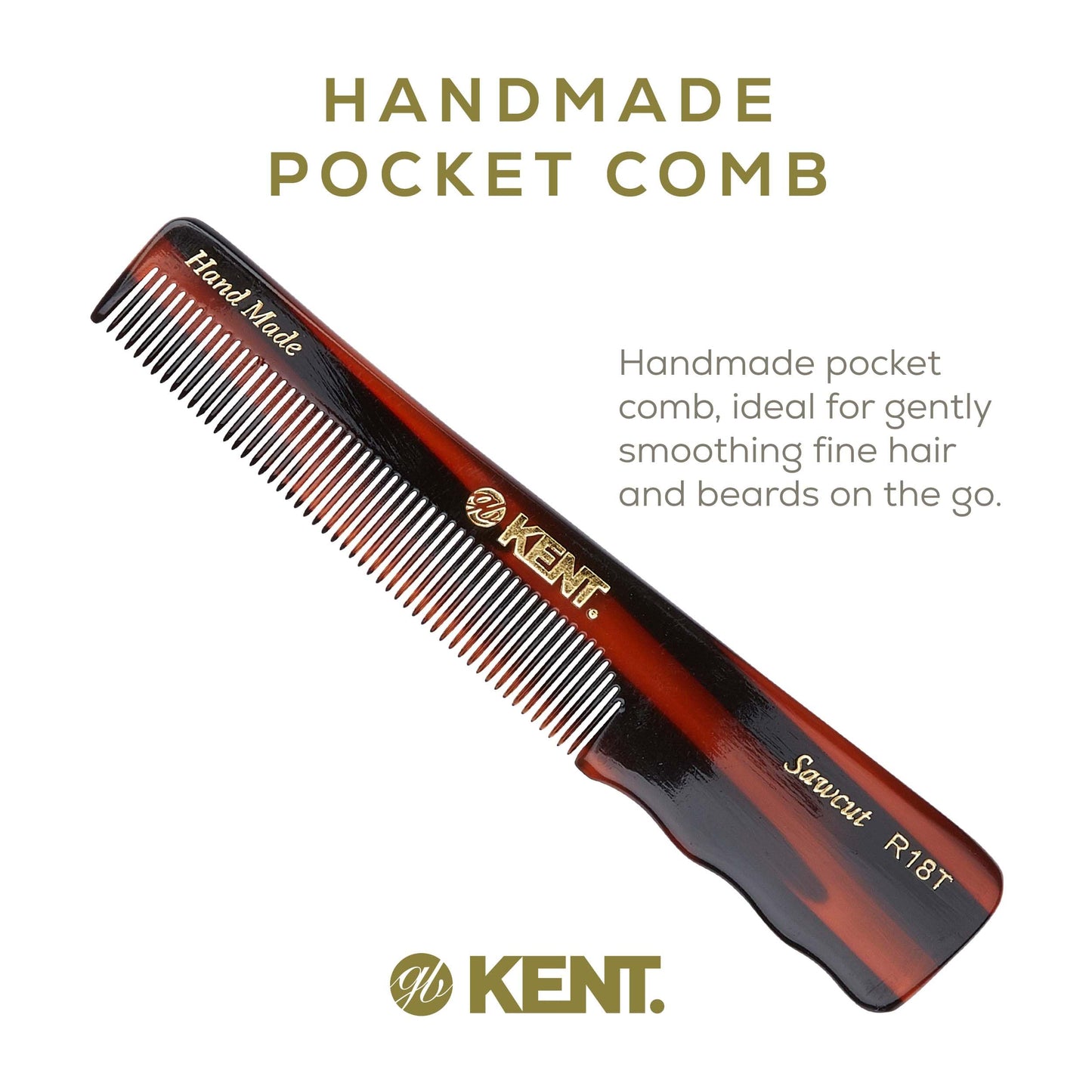 Kent Handmade Fine Tooth Hair and Mustache Comb for Men with Thumb Grip, Saw Cut and Polished - For Styling and Pocket, Made in England