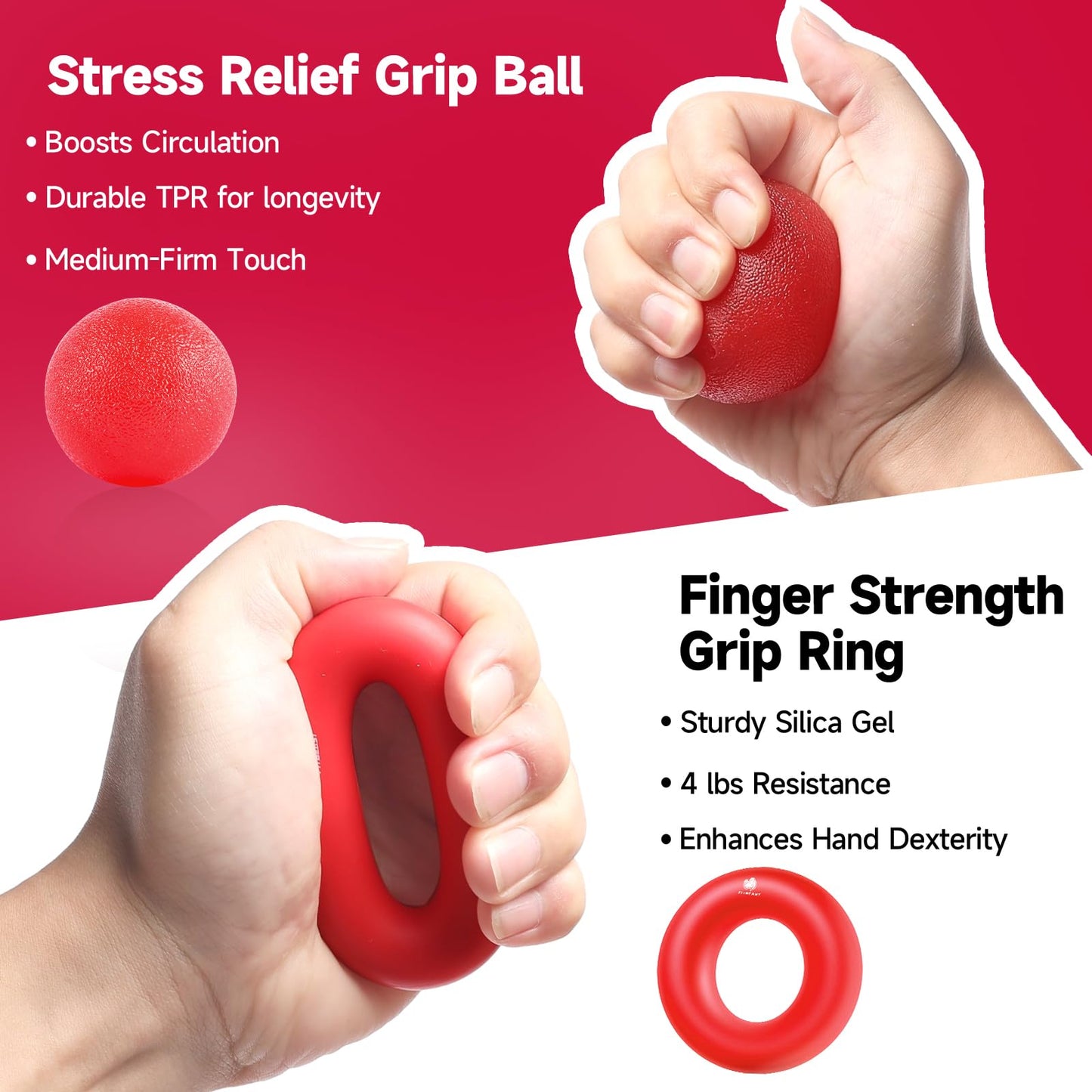 Hand Grip Strengthener Workout Kit (5 Pack) FitBeast Forearm Grip Adjustable Resistance Hand Gripper, Finger Exerciser, Finger Stretcher, Grip Ring & Stress Relief Grip Ball for Athletes (Red)