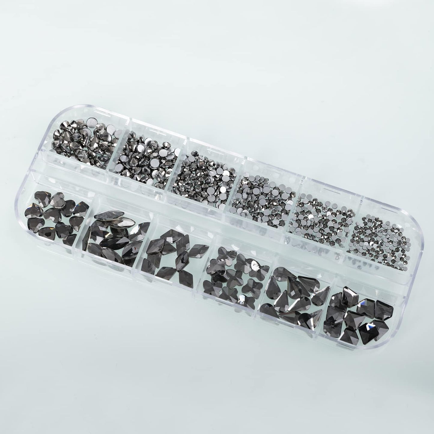 QEZEZA Nail Art Rhinestones Kit, Rhinestone Nail Face Gems, Nail Art Ab Flatback Rhinestones Gems Stones with Storage Organizer Box, (1.5mm - 10mm) 1000PCS 12 Sizes - Clear Black