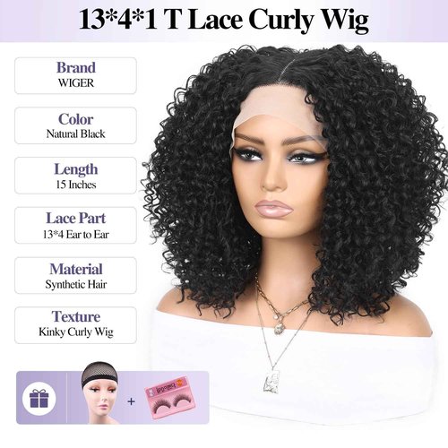 WIGER 15 inch Short Bob Lace Front Wigs 13X4X1 Curly T Part Wigs Middle Part Afro Kinky Curly Wigs Natural Black Synthetic Curly Wig For African American women