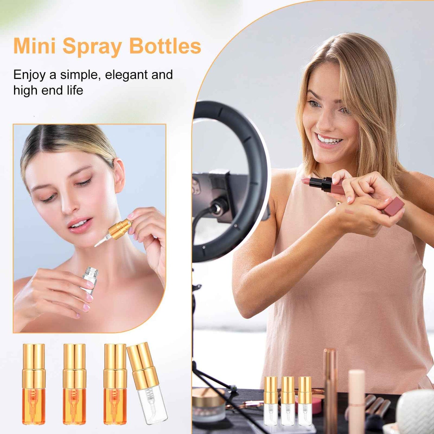 AojSup 50 Pcs Mini Spray Bottles, 2 ml Clear Glass Perfume Bottles, Refillable Fine Mist Perfume Atomizer, Portable Empty Sample Containers for Cleaning, Essential Oils, Travel (Gold Cap)