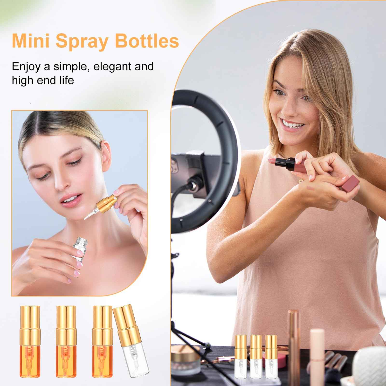 AojSup 50 Pcs Mini Spray Bottles, 2 ml Clear Glass Perfume Bottles, Refillable Fine Mist Perfume Atomizer, Portable Empty Sample Containers for Cleaning, Essential Oils, Travel (Gold Cap)